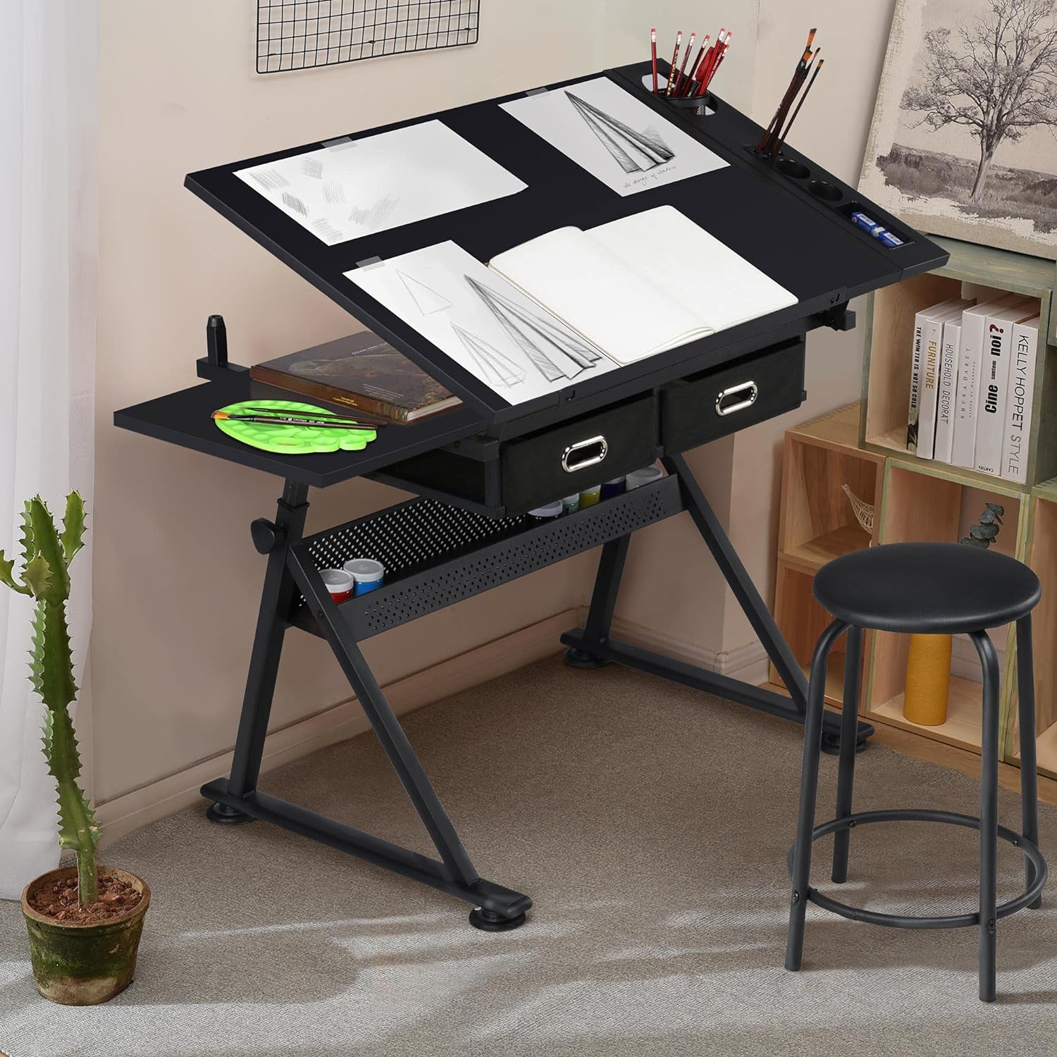 Yaheetech - computadora de arte blanco ajustable en altura para adultos, mesa inclinable de dibujo con computadora extragrande y cajones, juego de mesa y silla plegable para manualidades con taburetes