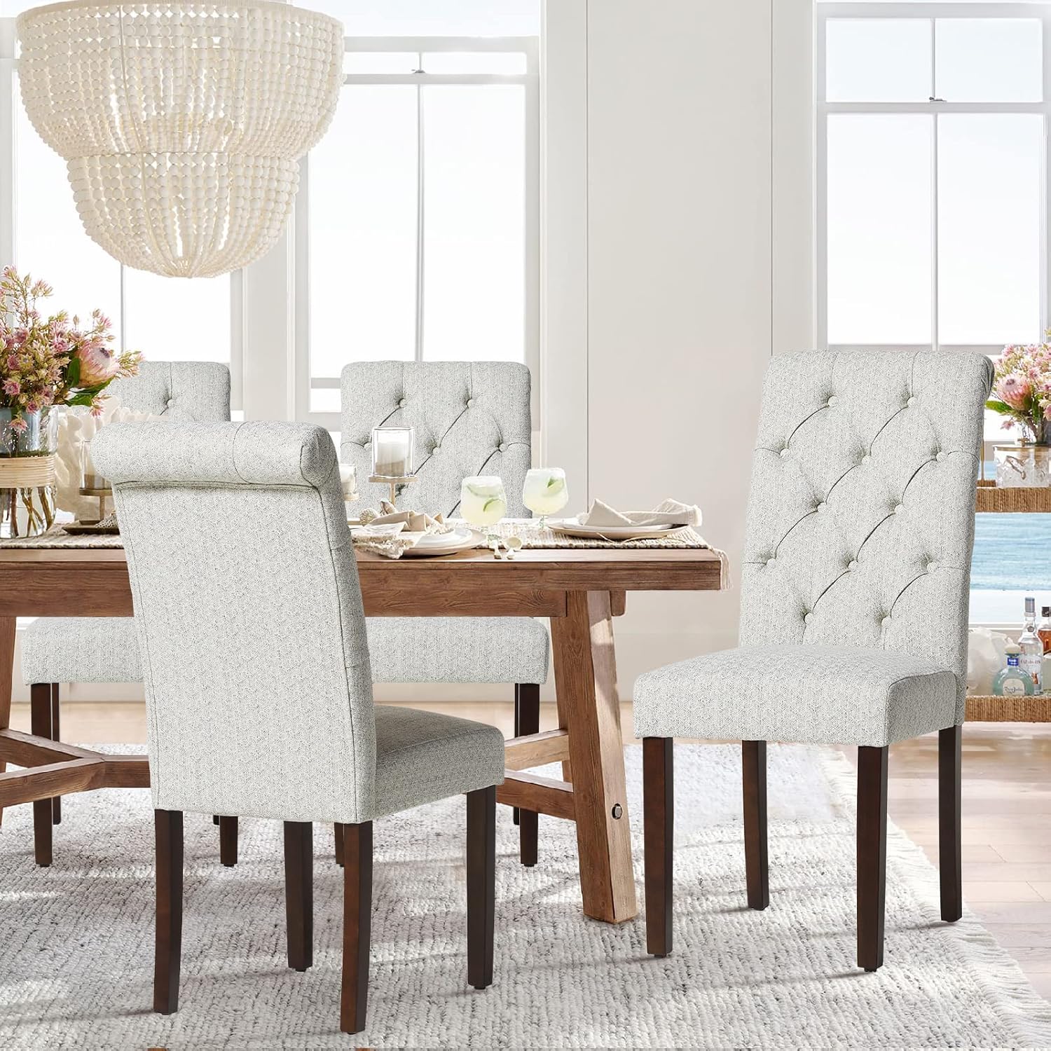 COLAMY - Juego de 6 sillas de Comedor con Botones y tapizadas, con Patas de Madera Maciza y Asiento Acolchado para Comedor, Cocina, Color Gris