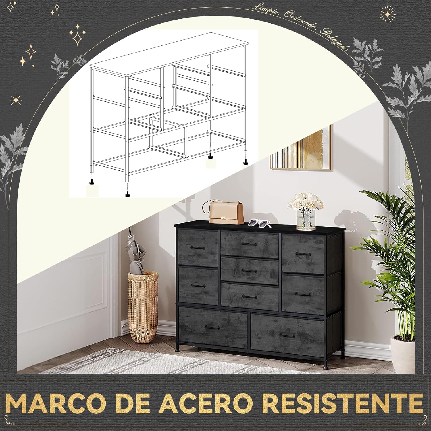 FURRIFIC Cómoda Gran Capacidad de 9 Cajones,115 * 75 * 35cm,Cajonera para Recamara,Ropa,Hogar Y Oficina,Organizador Cajonera de Estructura Metal con Cajones de Tela en 3 Tamaños