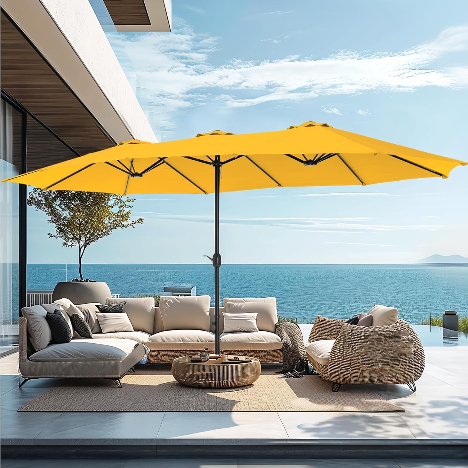 [Luz LED] Phivilla Home Sombrilla grande para patio exterior de 15 pies con base – Opción de luz LED, doble cara, manivela, impermeable