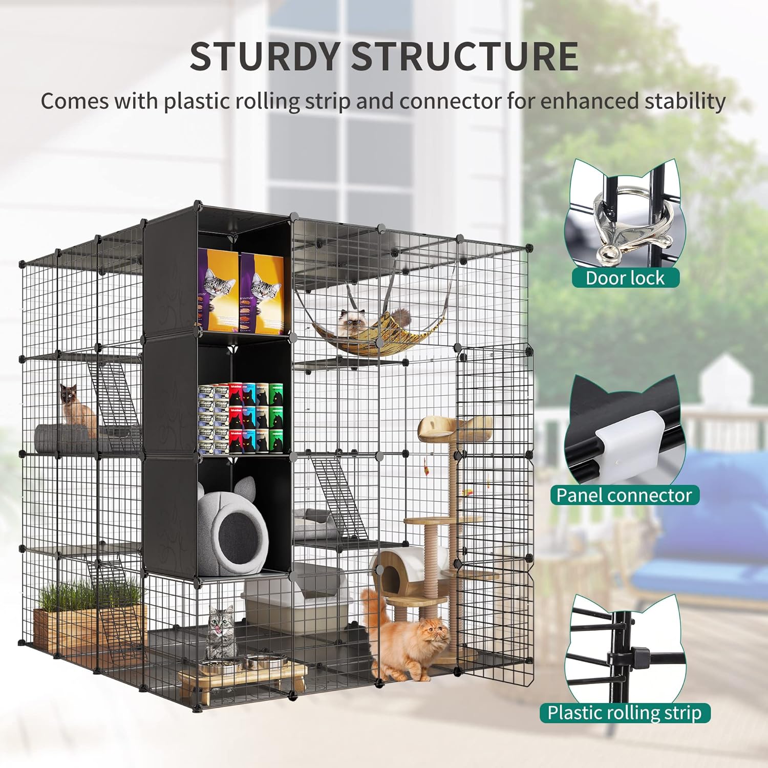 YITAHOME - Jaula Grande para Gatos con Cubo de Almacenamiento, Caja para Interiores de Metal con Hamaca para múltiples Mascotas, 4 Niveles de Perrera de Gato Negro, 140 x 140 x 140 cm