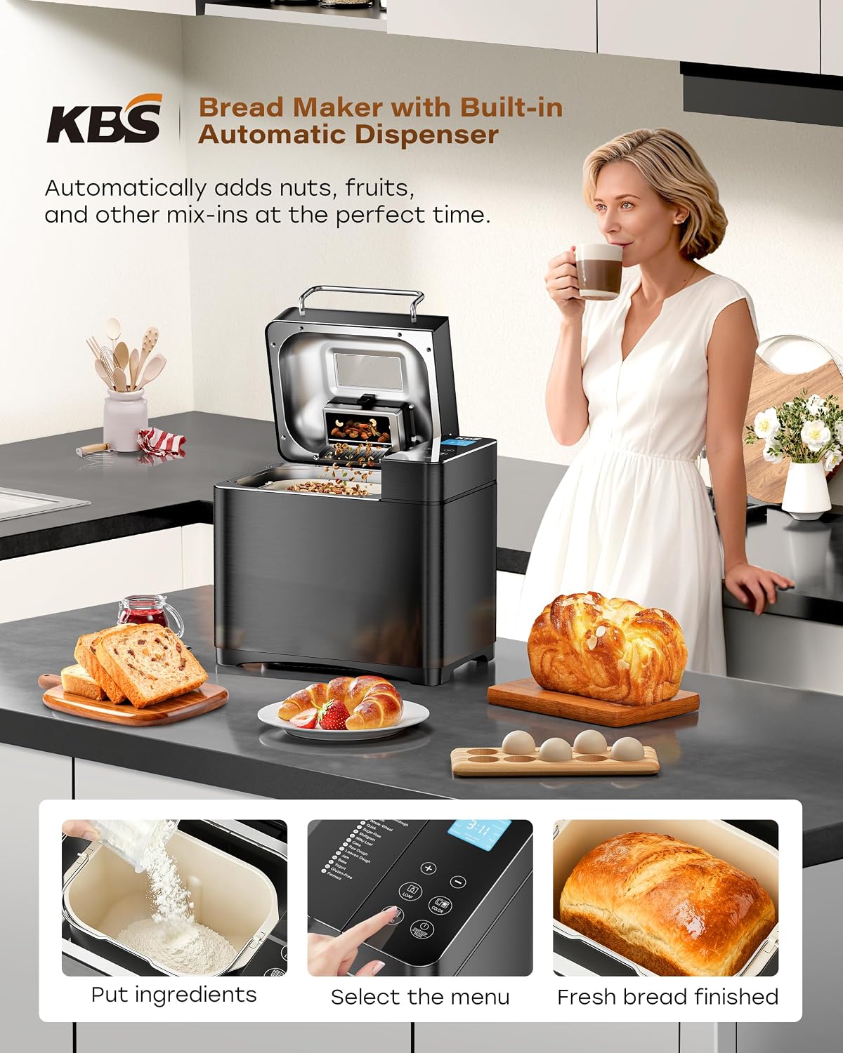 Panificadora Automática KBS de 2 lb, 710W, 17 Programas, Dispensador Automático de Frutos Secos y Temporizador de 15 Horas
