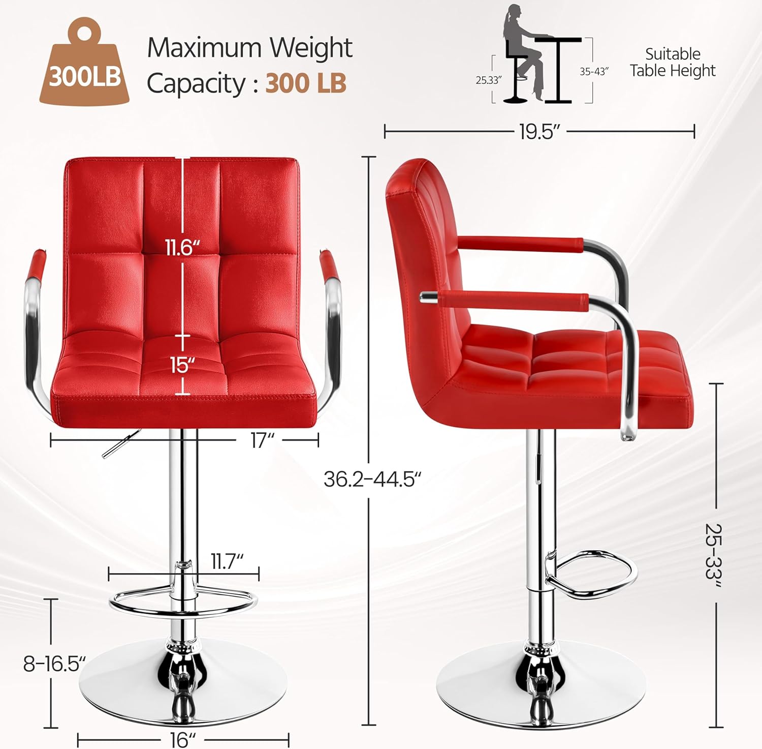 Juego de 2 taburetes de Bar giratorios Ajustables de Piel sintética, sillas hidráulicas de Barra con reposabrazos y Respaldo para Bar, Cocina, Comedor, Color Blanco