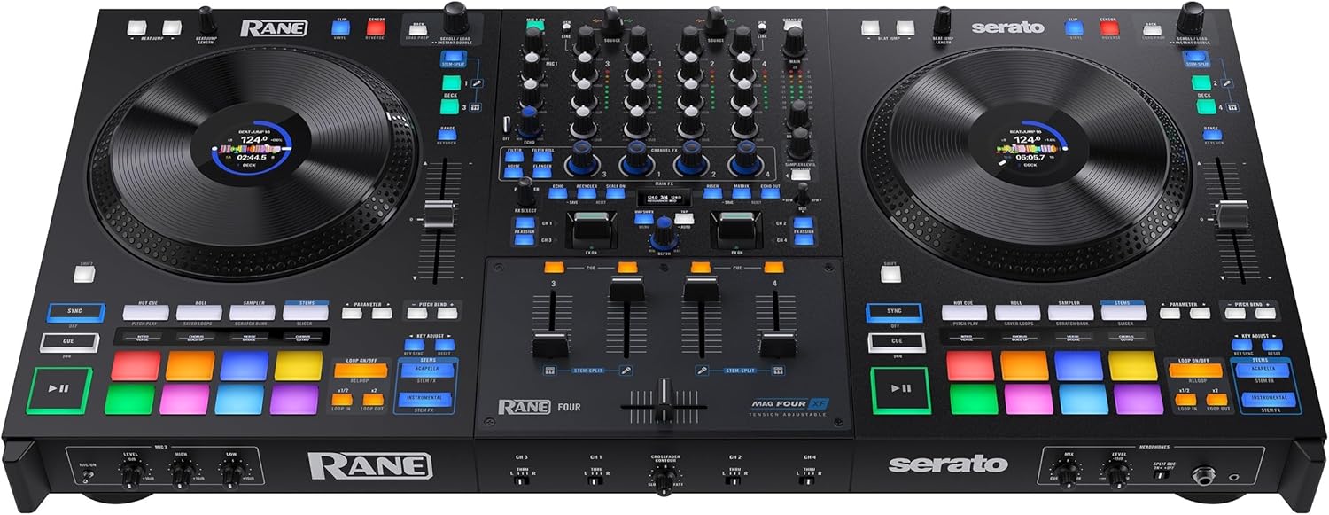 Rane FOUR Controlador DJ Stems Avanzado, 4 Canales - Jog Wheels de 8.5" + Displays, Mezclador DJ con FX Internos, Serato DJ Pro + Pitch 'n Time DJ