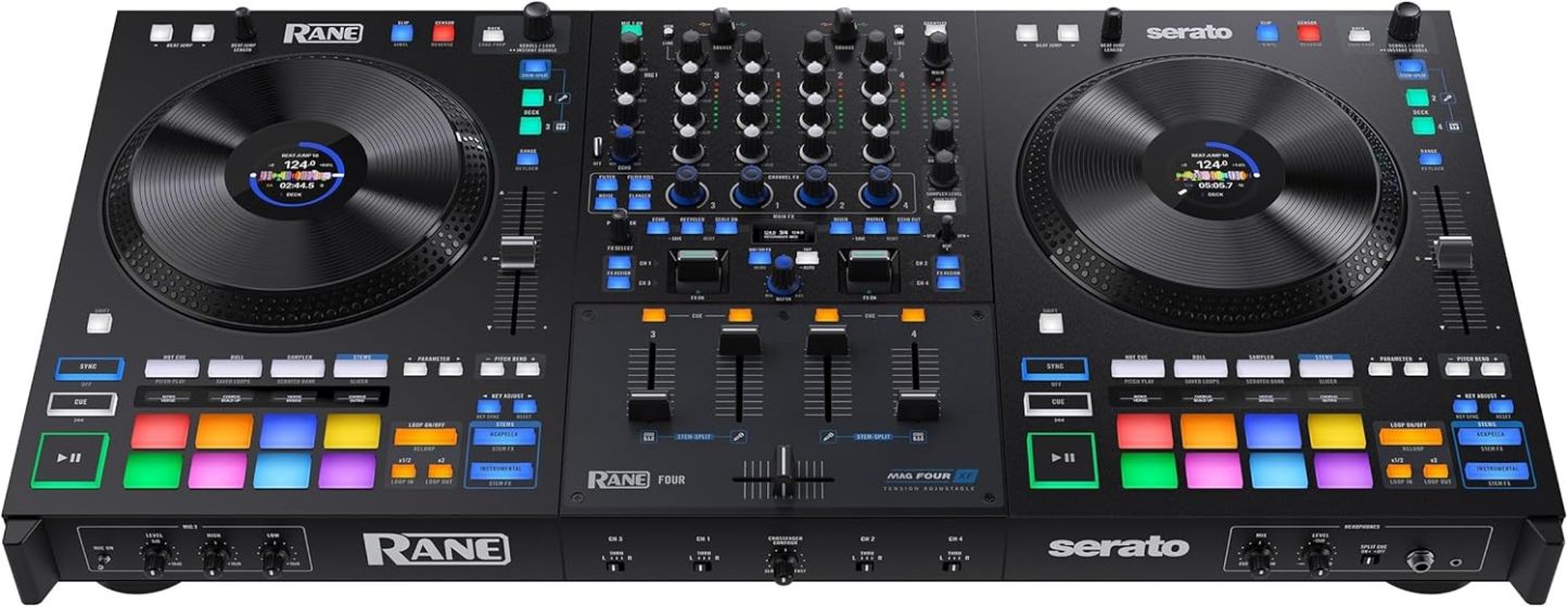 Rane FOUR Controlador DJ Stems Avanzado, 4 Canales - Jog Wheels de 8.5" + Displays, Mezclador DJ con FX Internos, Serato DJ Pro + Pitch 'n Time DJ