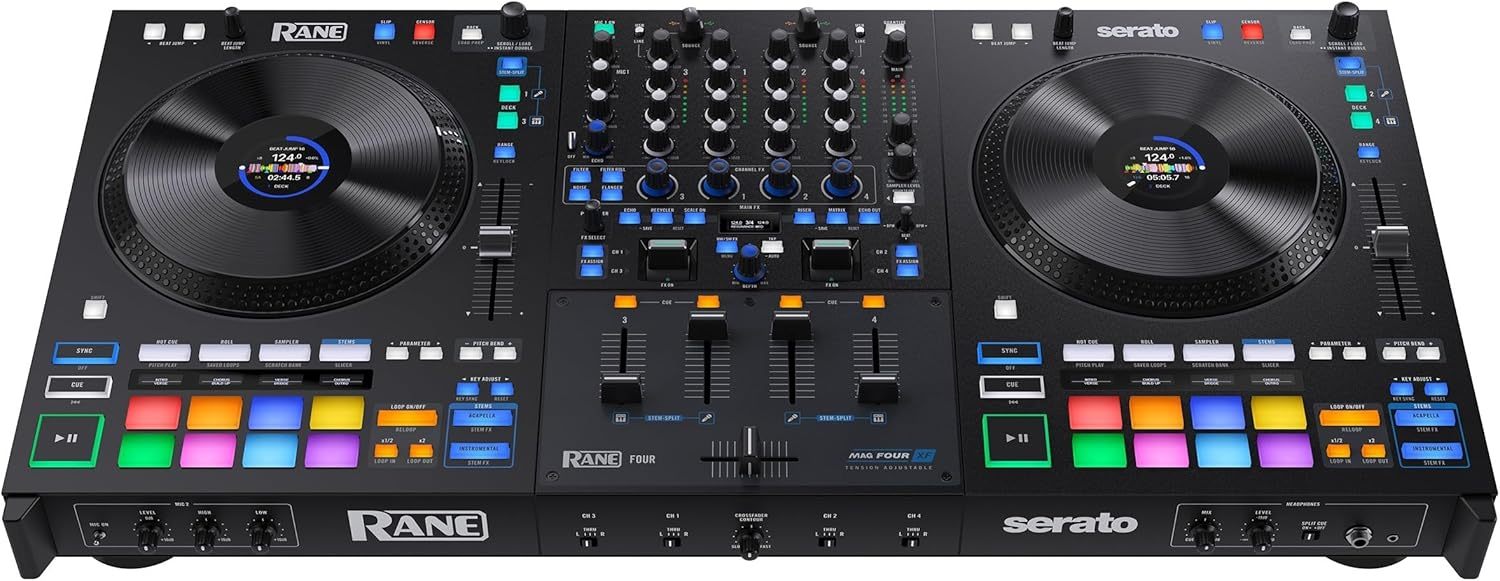 Rane FOUR Controlador DJ Stems Avanzado, 4 Canales - Jog Wheels de 8.5" + Displays, Mezclador DJ con FX Internos, Serato DJ Pro + Pitch 'n Time DJ