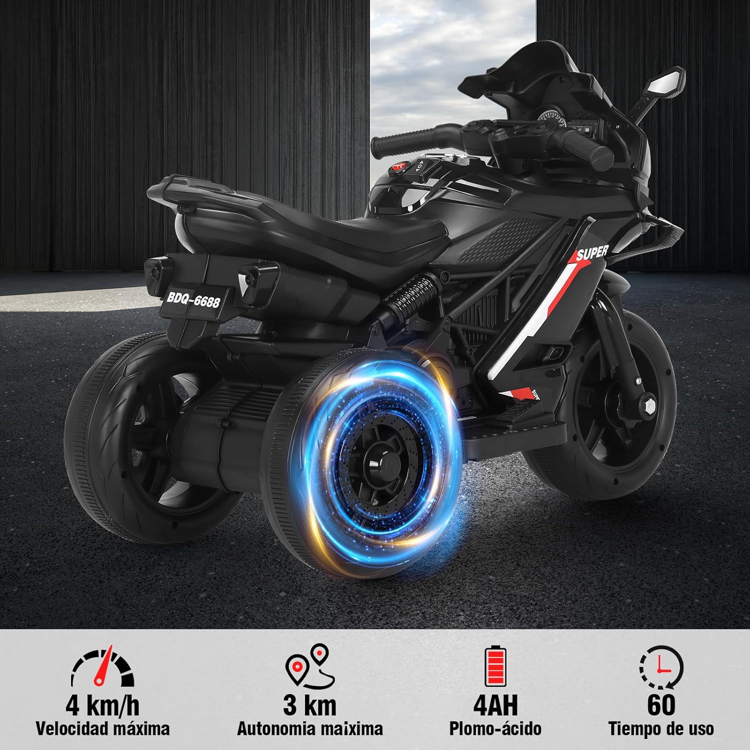 HONEYWHALE 6688 Moto Electrica Infantil Niño, Carro Electrico Niño Montable con Luz Led y Musica, Triciclo con Modo de Retroceso, Velocidad Máxima 4KM/H, Autonomía de 45 Minutos