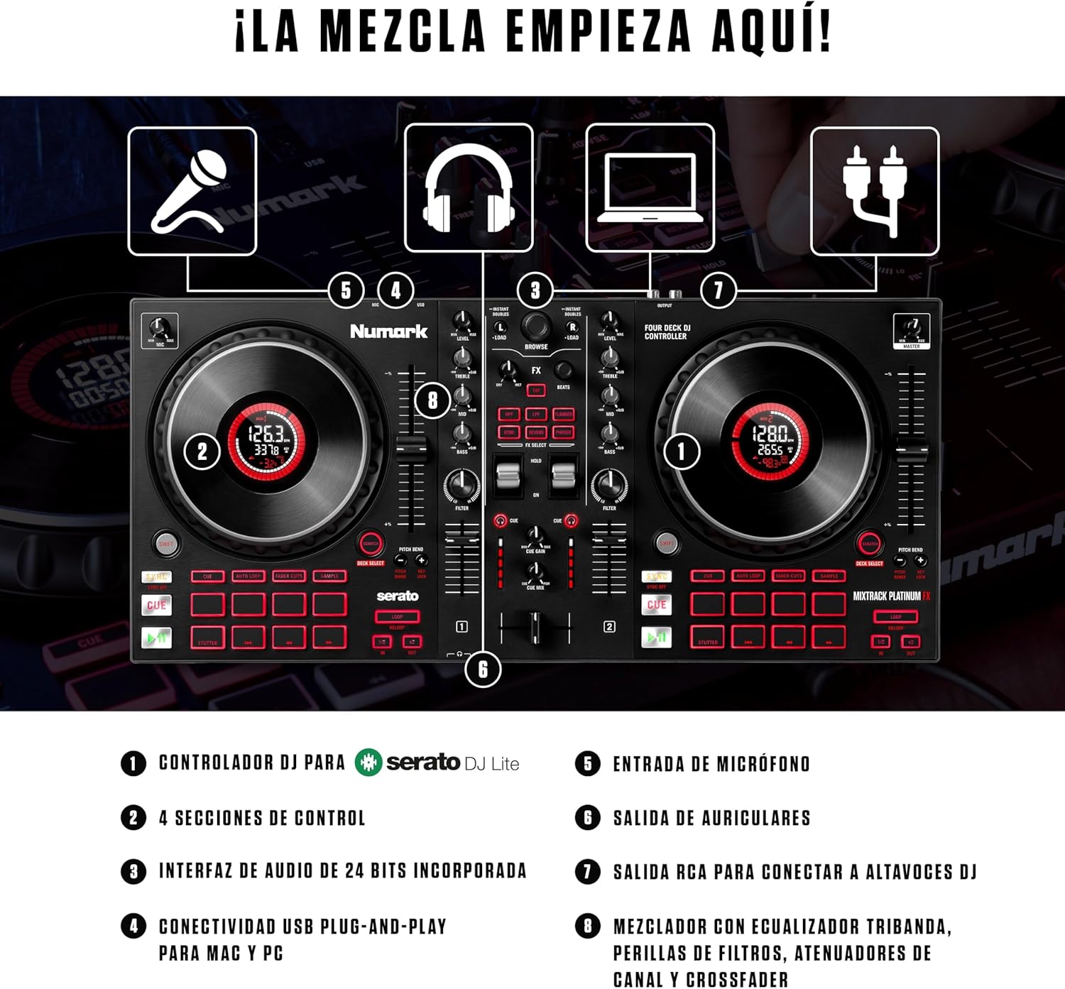 Numark Mixtrack Platinum FX Controlador DJ Para Serato DJ Con Control de 4 Secciones, Mezclador DJ, Interfaz de Audio Incorporada, Pantallas en Las Ruedas de Selección y Paletas de Efectos
