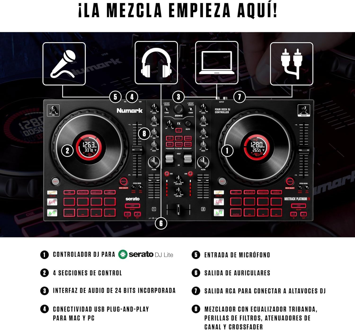 Numark Mixtrack Platinum FX Controlador DJ Para Serato DJ Con Control de 4 Secciones, Mezclador DJ, Interfaz de Audio Incorporada, Pantallas en Las Ruedas de Selección y Paletas de Efectos