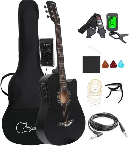 Jidyous electricacústica 38 inch Acústica Clasica guitarras Funda Y Accesorios, con correa, afinador, un paquete de cuerdas adicionales, capo, paño de limpieza, 3 púas, bolsa de concierto (Natural)