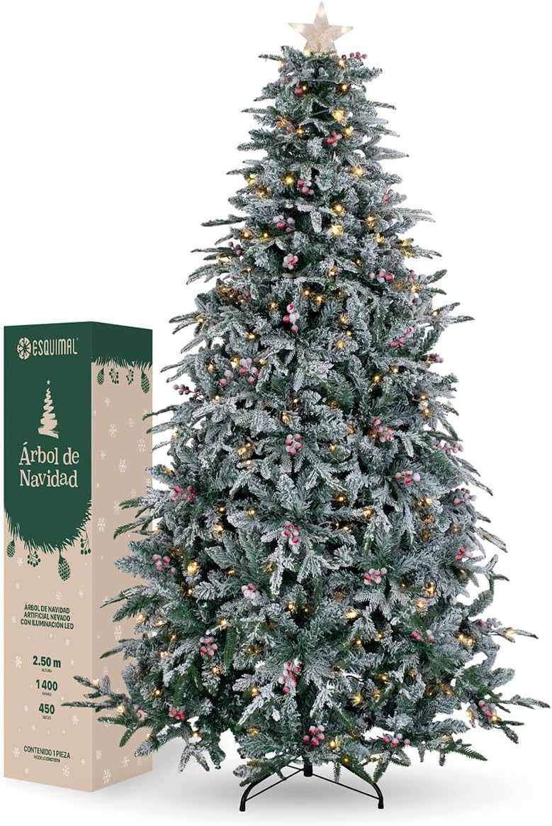 ESQUIMAL Árbol de Navidad Nevado con Luces LED 8 Modos de Iluminación + Estrella + Bayas (Verde Nevado, 1.8 m)