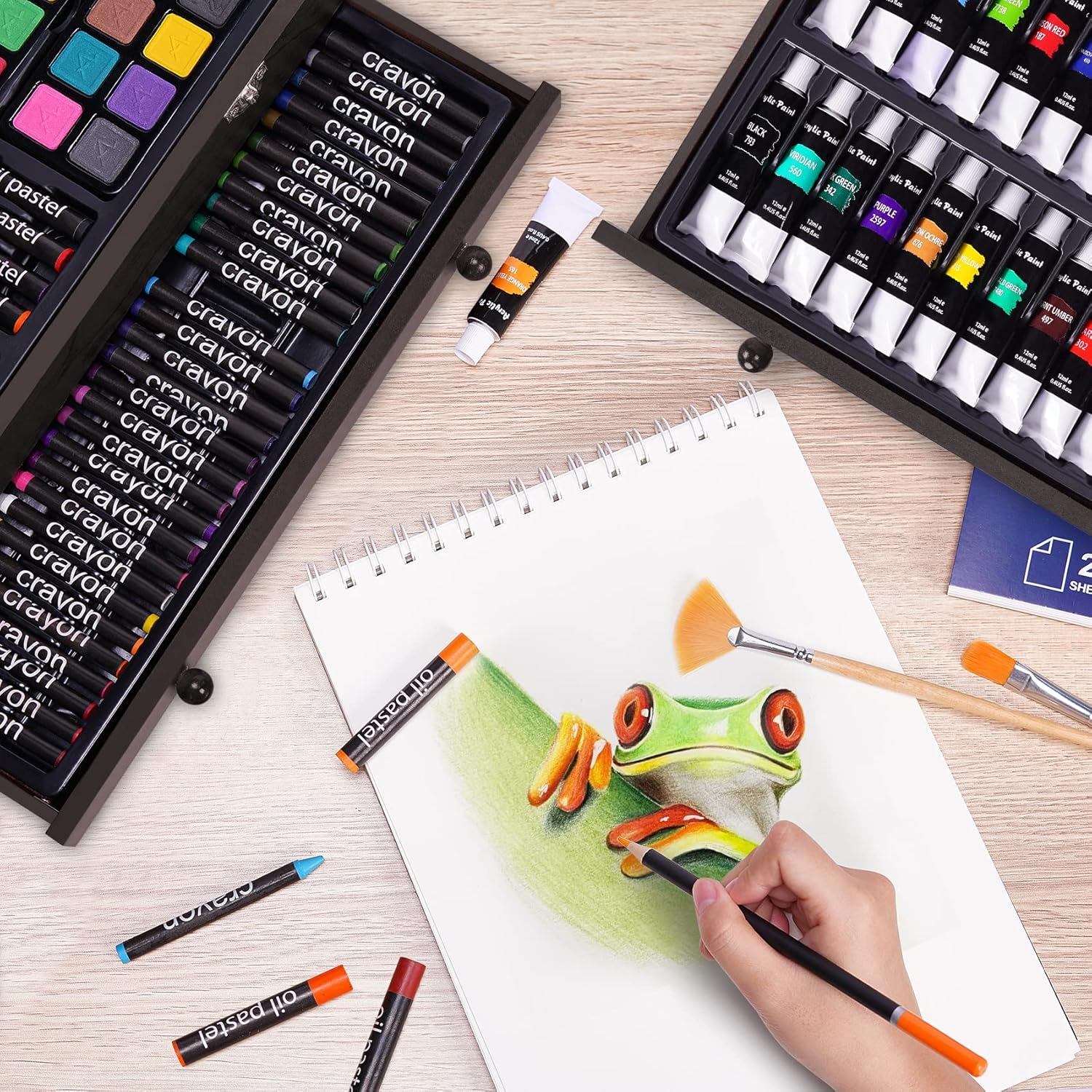 Juego de arte de lujo de 175 piezas con 2 almohadillas para orejas de dibujo, pinturas acrílicas, lápices de colores, juego de pintura en caja de madera, kit de arte profesional, suministros de arte