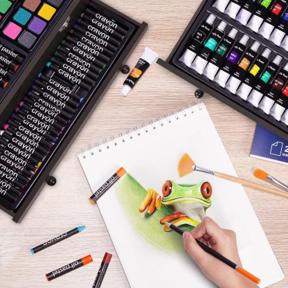 Juego de arte de lujo de 175 piezas con 2 almohadillas para orejas de dibujo, pinturas acrílicas, lápices de colores, juego de pintura en caja de madera, kit de arte profesional, suministros de arte
