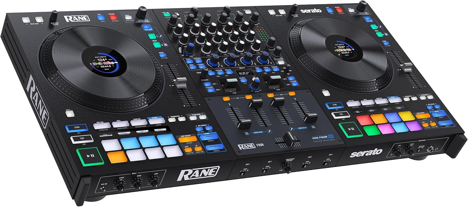Rane FOUR Controlador DJ Stems Avanzado, 4 Canales - Jog Wheels de 8.5" + Displays, Mezclador DJ con FX Internos, Serato DJ Pro + Pitch 'n Time DJ