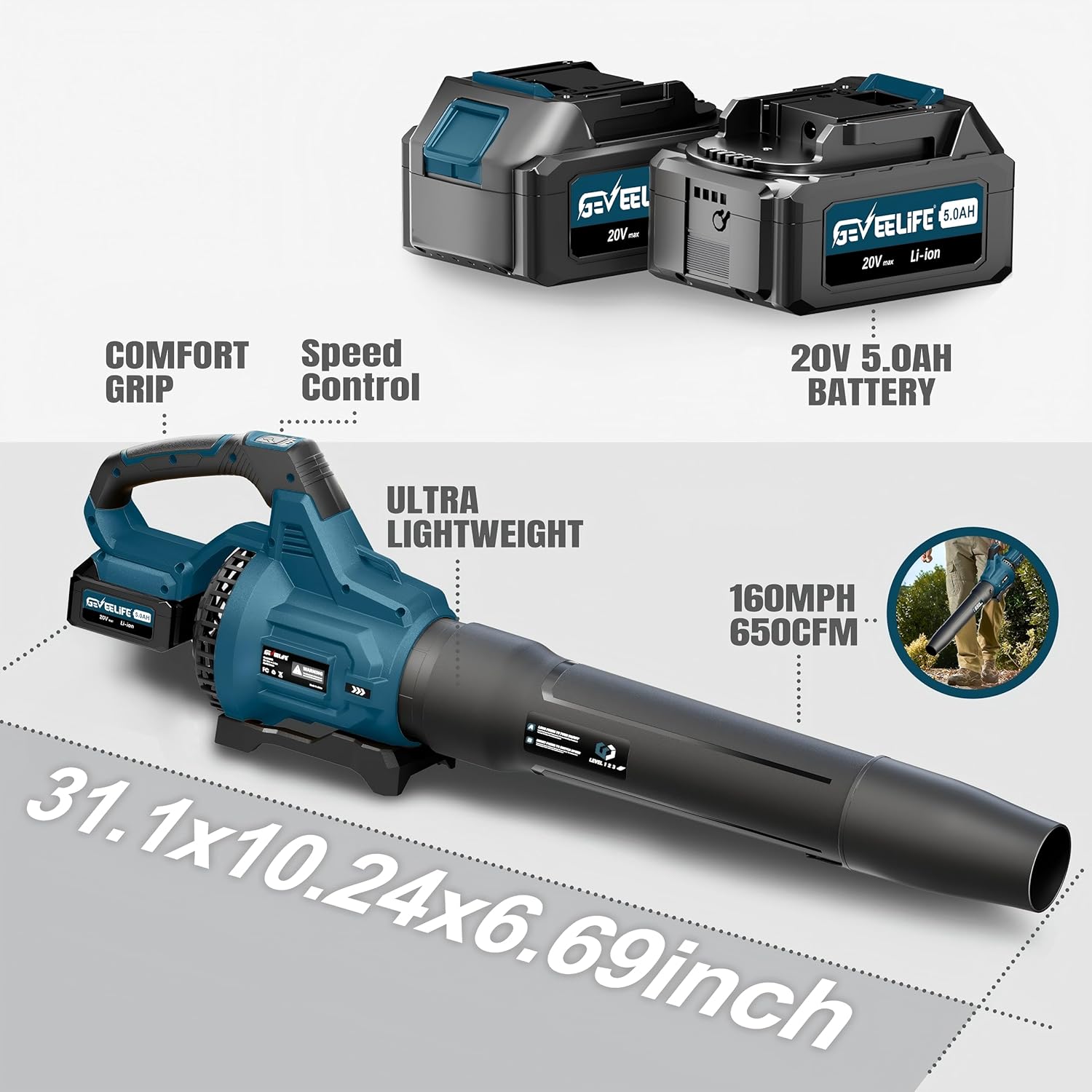 GEVEELIFE - Soplador de hojas sin cable, 650 CFM y 3 niveles de velocidad, soplador eléctrico inalámbrico de hojas con 2 pilas de 5.0 Ah, sopladores para cuidado del césped, patio, hojas de soplado