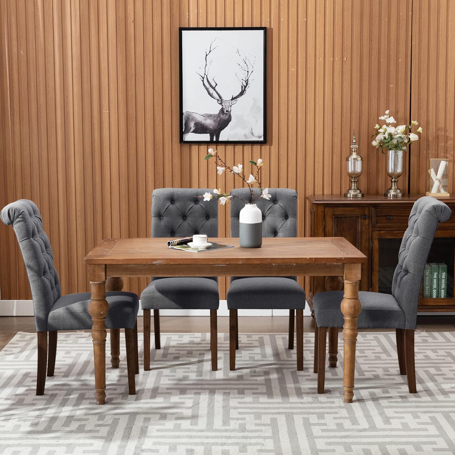 COLAMY - Juego de 6 sillas de Comedor con Botones y tapizadas, con Patas de Madera Maciza y Asiento Acolchado para Comedor, Cocina, Color Gris