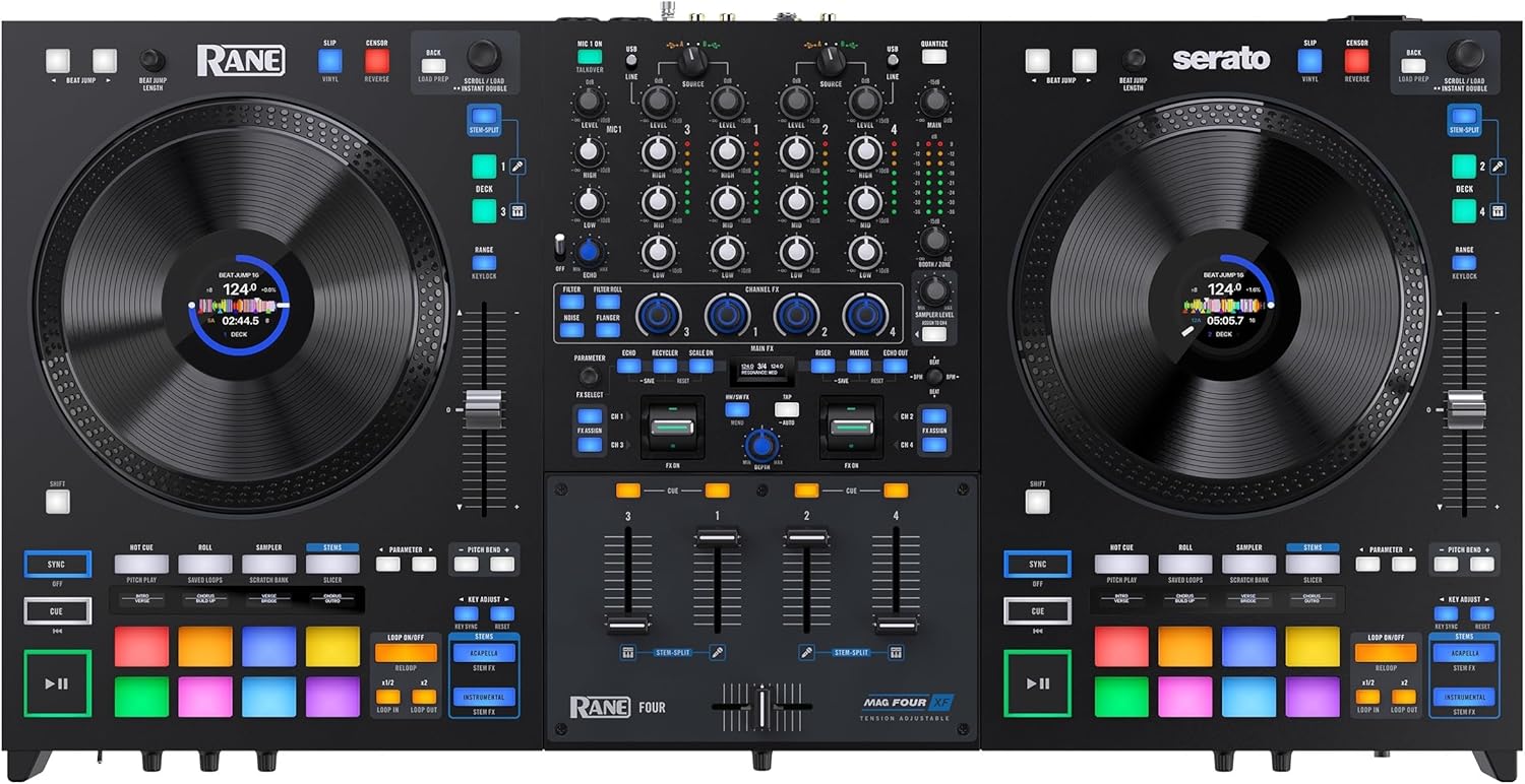 Rane FOUR Controlador DJ Stems Avanzado, 4 Canales - Jog Wheels de 8.5" + Displays, Mezclador DJ con FX Internos, Serato DJ Pro + Pitch 'n Time DJ
