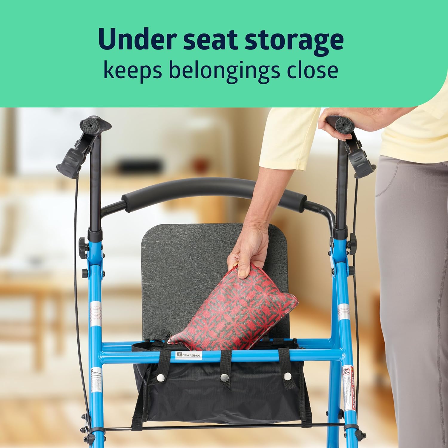Medline Mobility - Rodillo de acero confiable para movilidad, color azul claro, 300 libras. Capacidad de peso, ruedas de 6 pulgadas, mango ajustable, asiento y respaldo acolchados, caminante rodante