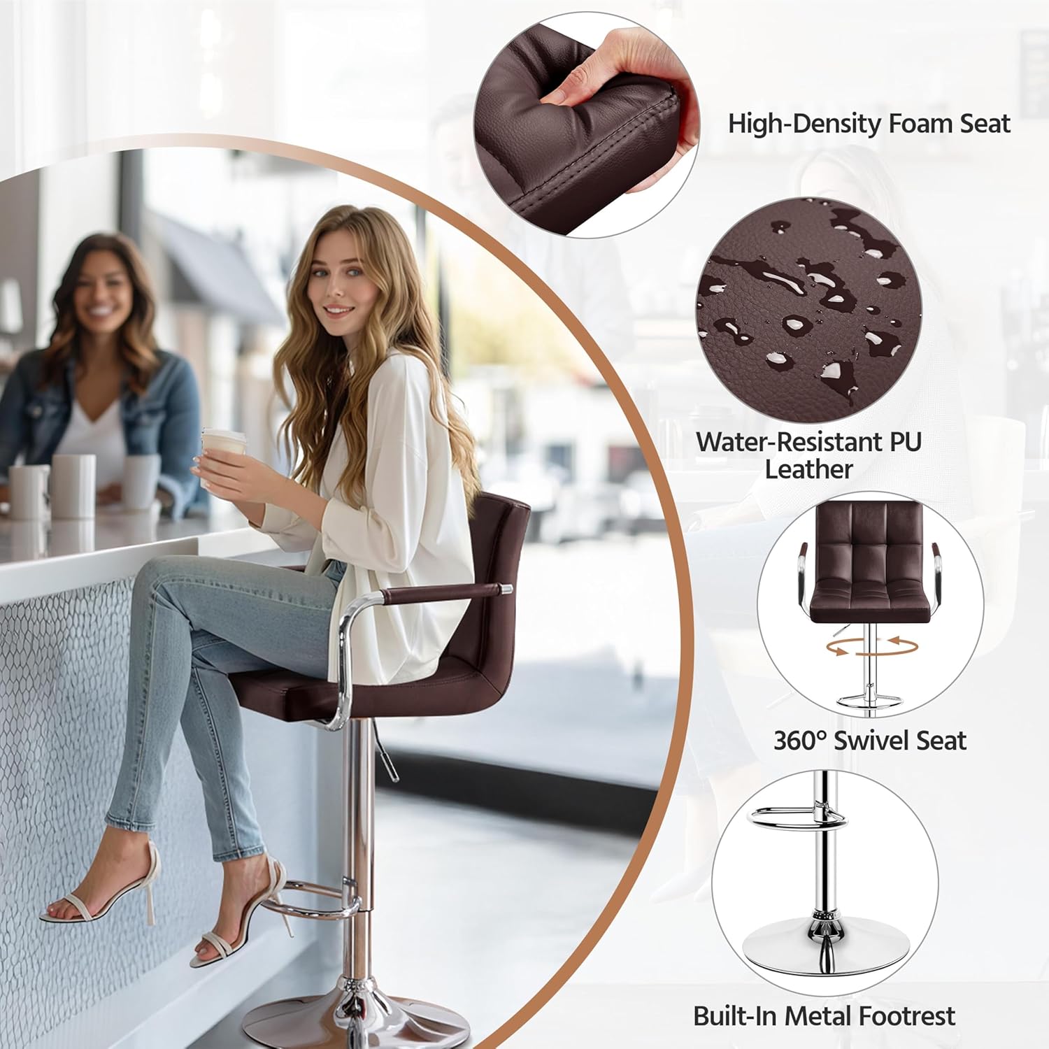 Juego de 2 taburetes de Bar giratorios Ajustables de Piel sintética, sillas hidráulicas de Barra con reposabrazos y Respaldo para Bar, Cocina, Comedor, Color Blanco