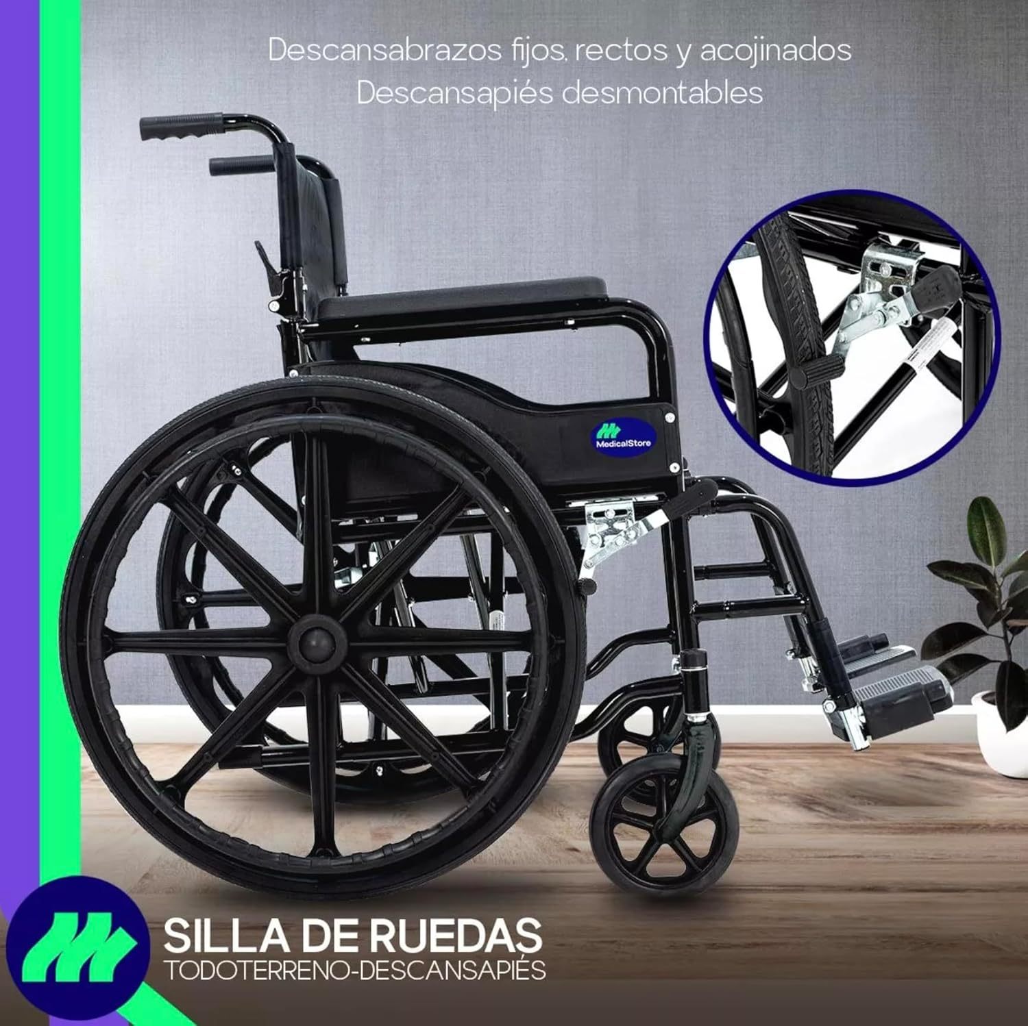 MEDICAL STORE Silla De Ruedas Ligera Adulto Mayor Todo Terreno Traslado Plegable Compacta Con Freno De Mano Rehabilitación Con Descansa Pies Abatible