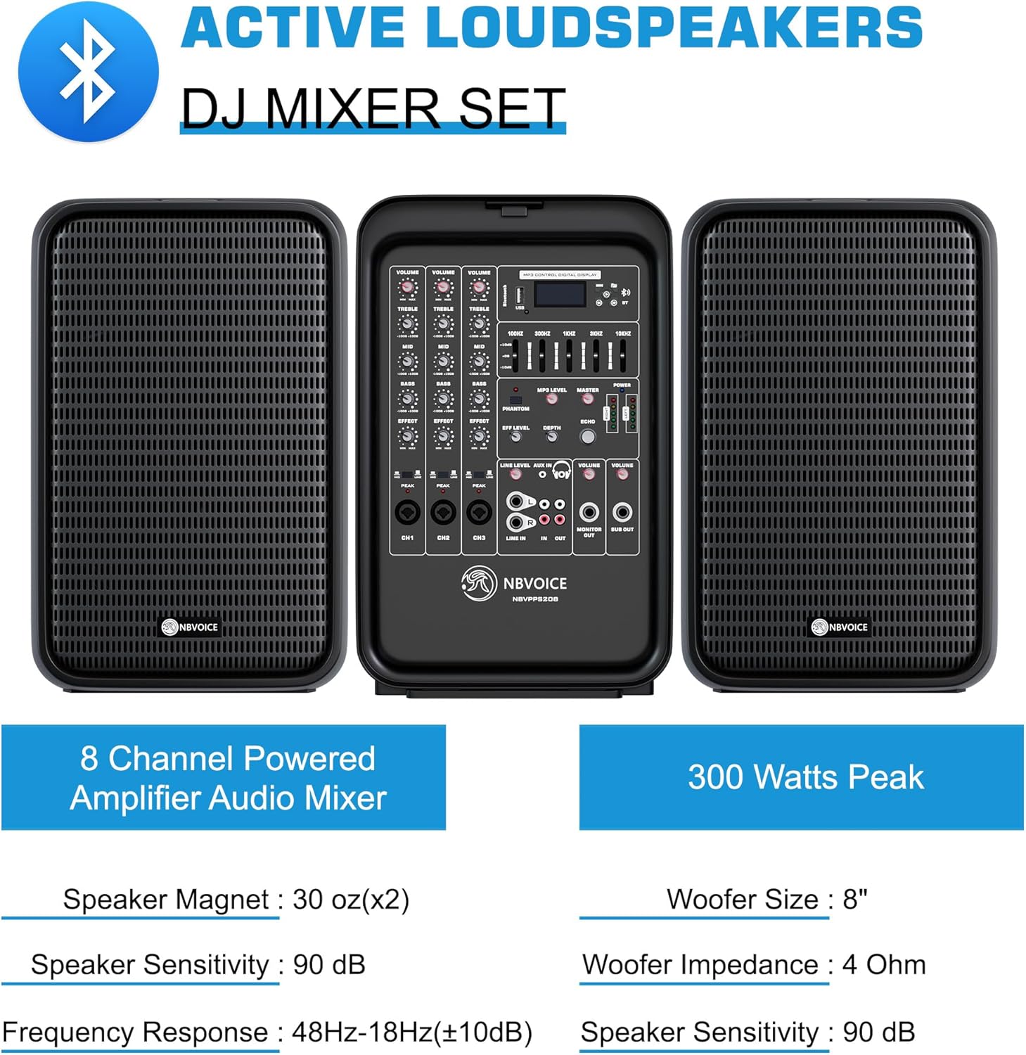 Sistema de PA de 2 vías integrado profesional portátil todo en uno, configuración fija, diseño de veliz con mezclador de 8 canales, 2 soportes de altavoces, Bluetooth, micrófono para