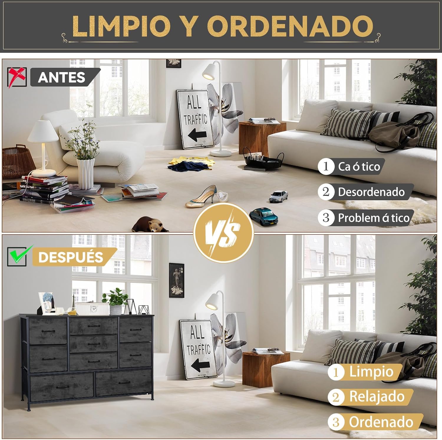 FURRIFIC Cómoda Gran Capacidad de 9 Cajones,115 * 75 * 35cm,Cajonera para Recamara,Ropa,Hogar Y Oficina,Organizador Cajonera de Estructura Metal con Cajones de Tela en 3 Tamaños