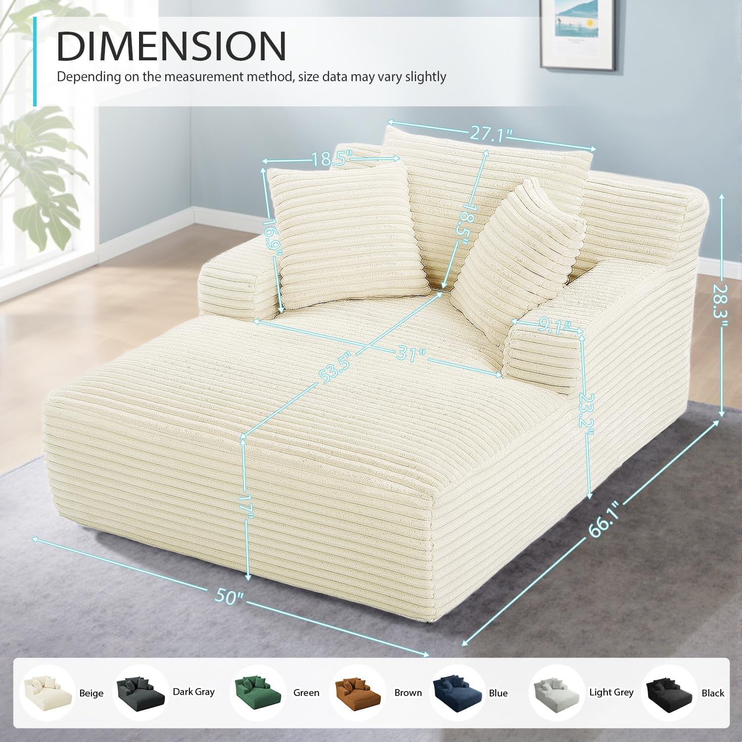 Ivoros - Chaise longue de 50 pulgadas para interior, sofá cama tapizado de pana de gran tamaño con asiento profundo, sillones de lectura, sofás tipo nube para sala de estar, no requiere montaje (beige