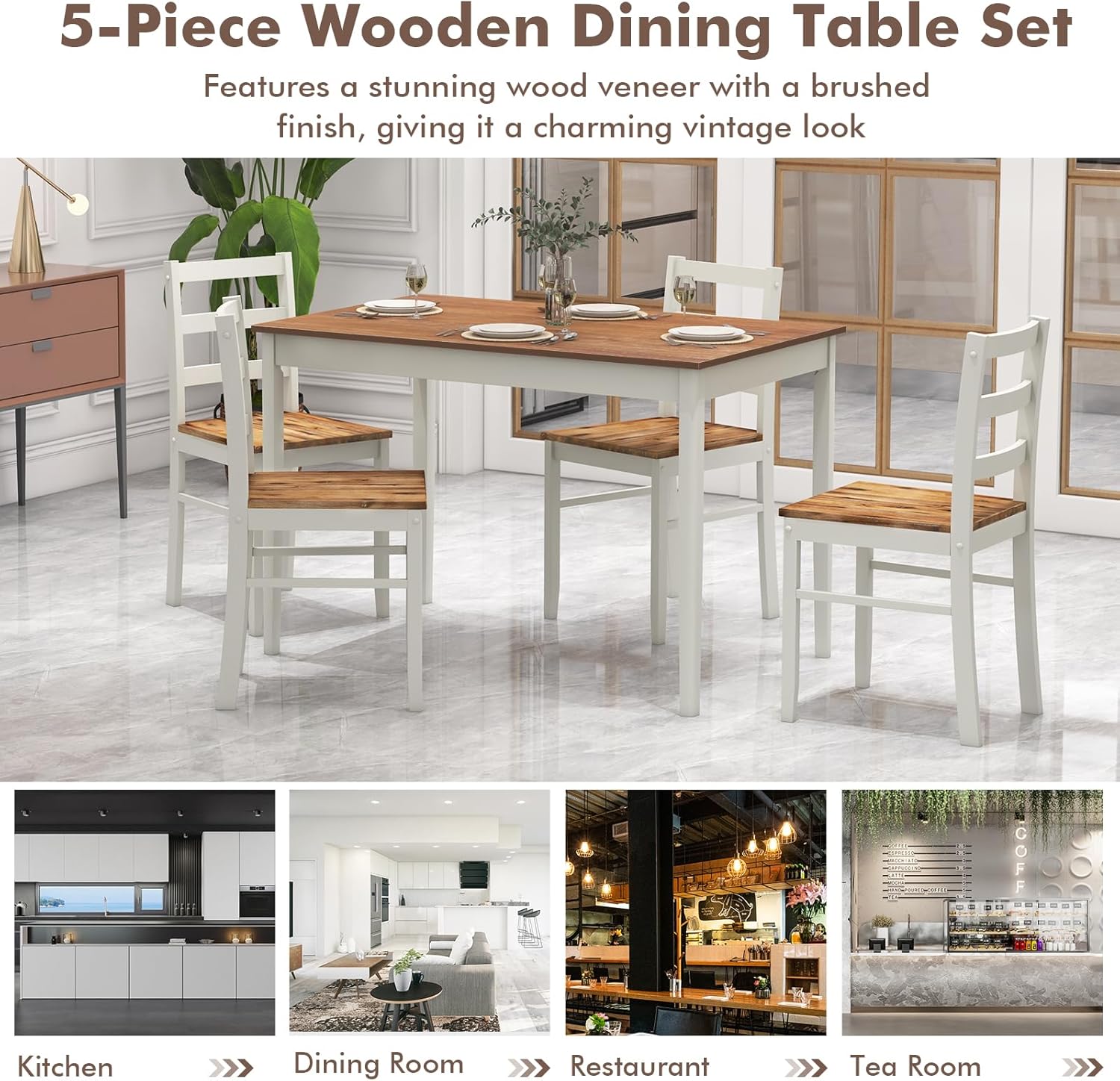 Giantex - Juego de mesa de comedor para 4, mesa rectangular de madera maciza y 4 sillas, juego de comedor de 5 piezas con patas de madera de goma, muebles de cocina que ahorran espacio para cocina,
