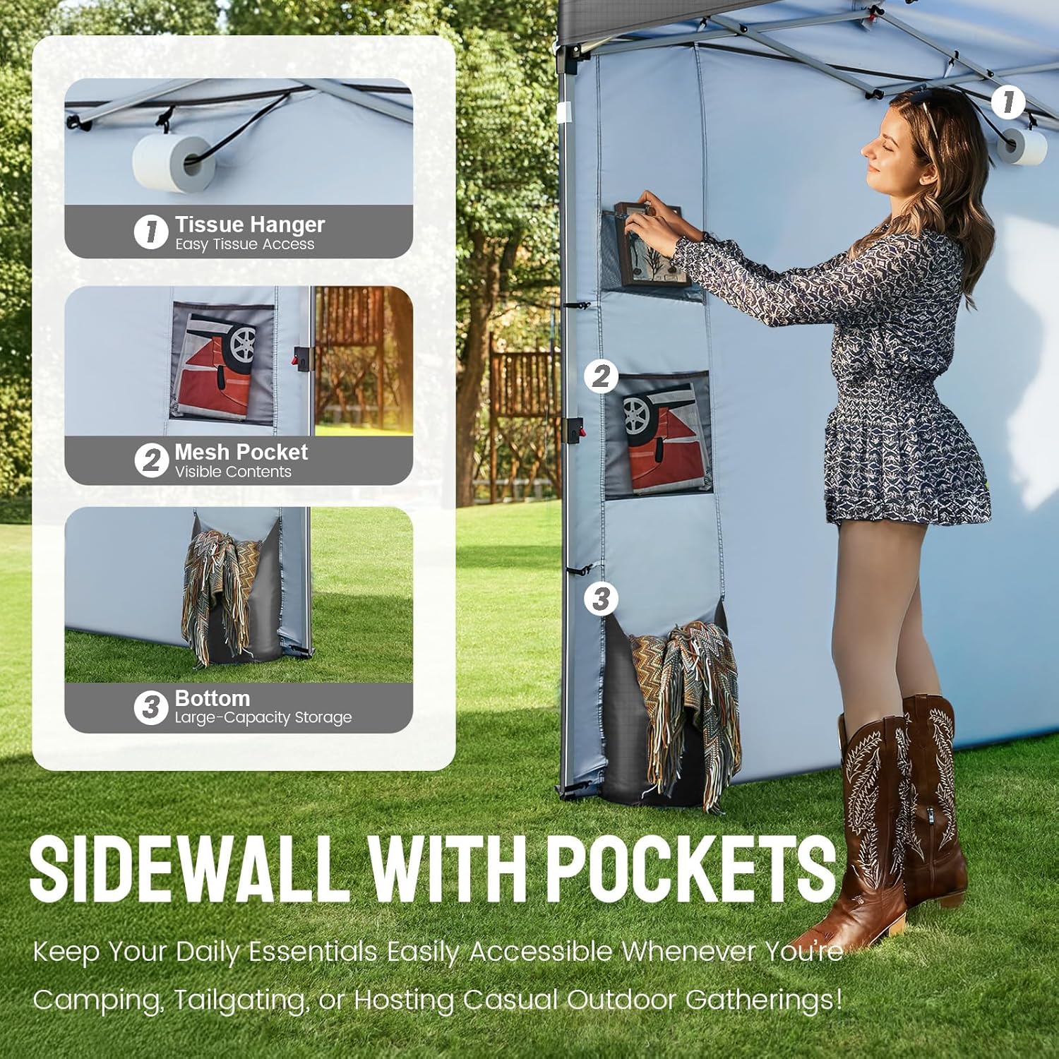 Crown Shades Tienda de campaña con toldo, 3 x 3 m, portátil, refugio para exteriores con pared lateral de bolsillo, bloqueo central con empuje, protección ultravioleta, bolsa de transporte, azul