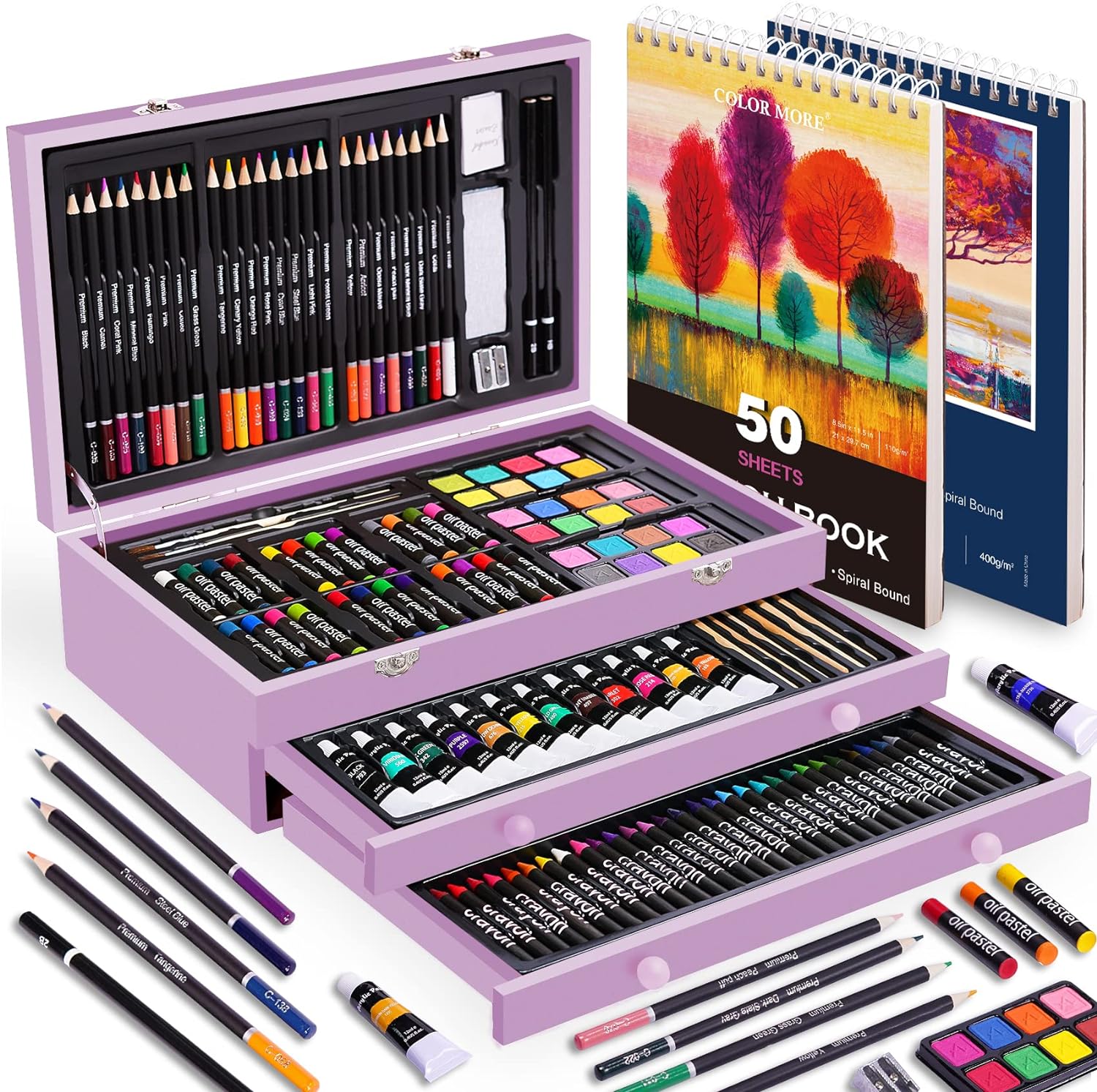 Juego de arte de lujo de 175 piezas con 2 almohadillas para orejas de dibujo, pinturas acrílicas, lápices de colores, juego de pintura en caja de madera, kit de arte profesional, suministros de arte