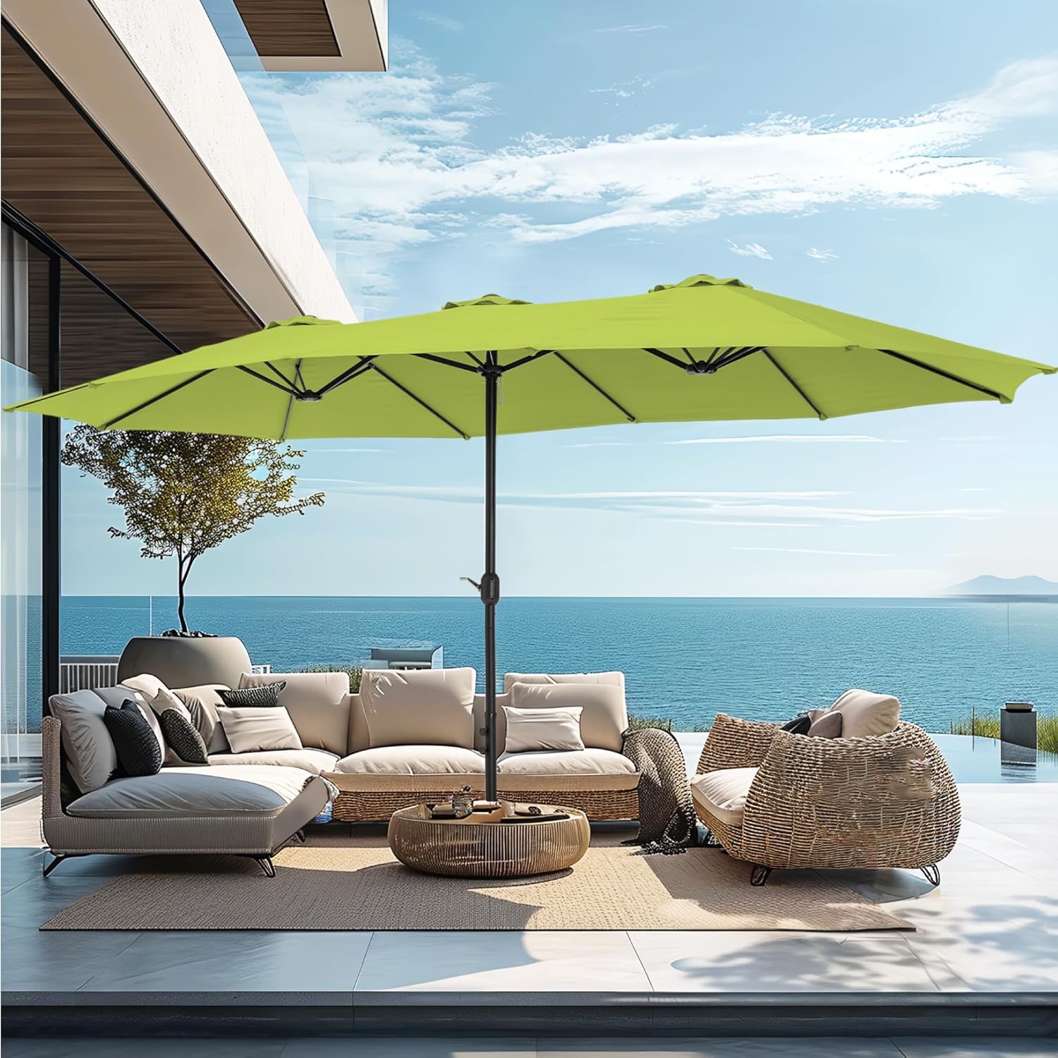 [Luz LED] Phivilla Home Sombrilla grande para patio exterior de 15 pies con base – Opción de luz LED, doble cara, manivela, impermeable