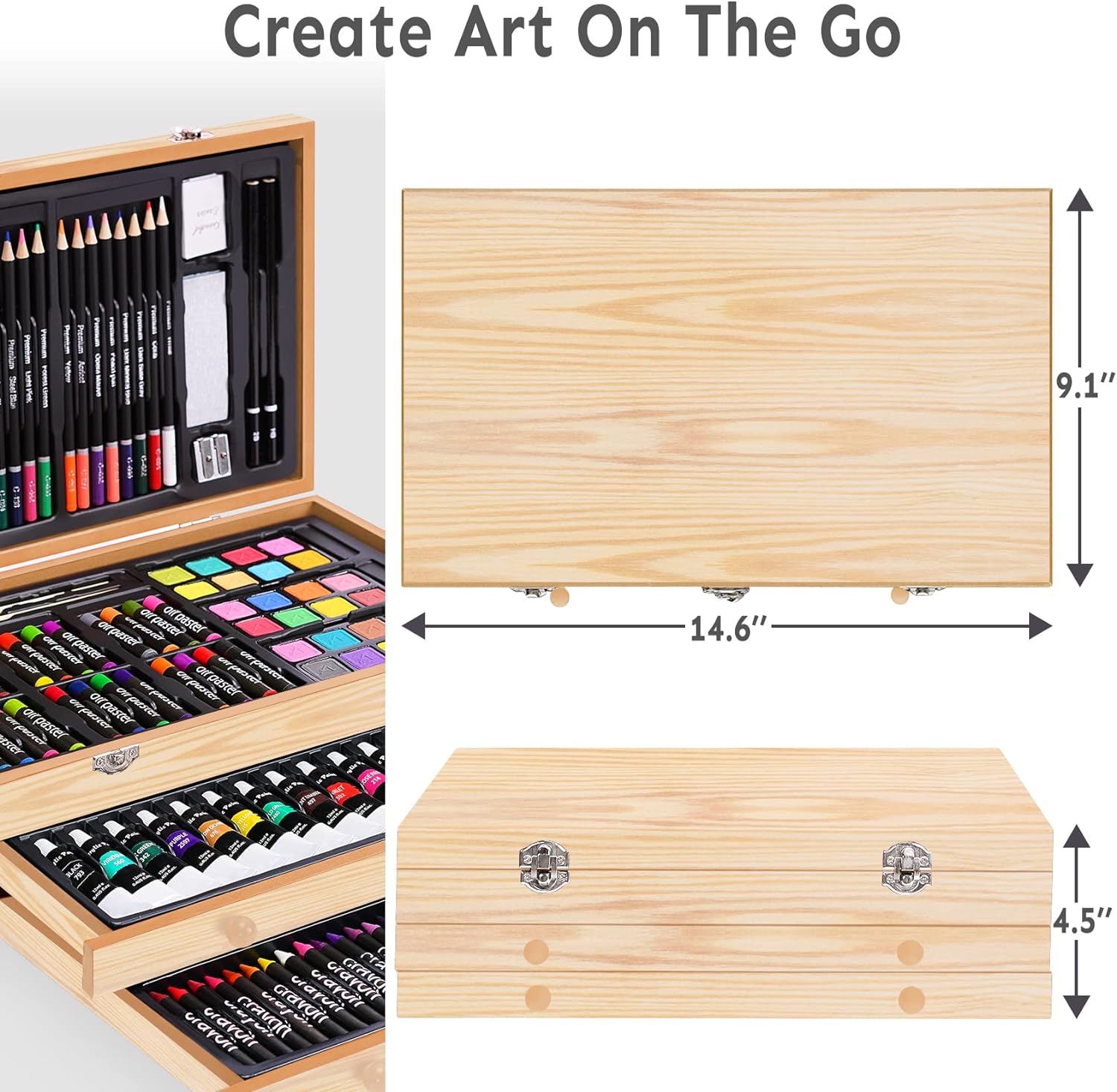 Juego de arte de lujo de 175 piezas con 2 almohadillas para orejas de dibujo, pinturas acrílicas, lápices de colores, juego de pintura en caja de madera, kit de arte profesional, suministros de arte
