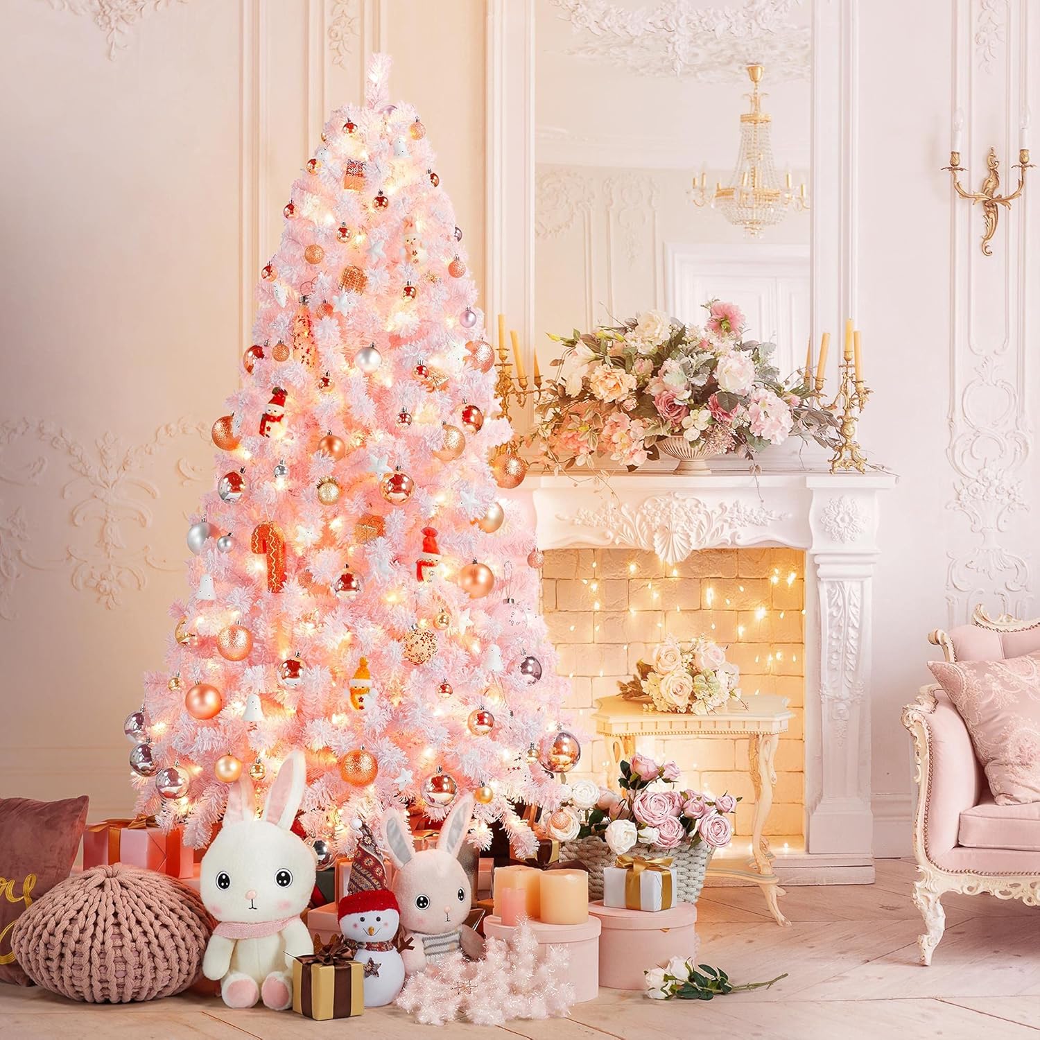 Yaheetech Árbol de Navidad artificial preiluminado de 6 pies con luces incandescentes blancas cálidas, árbol de Navidad con 820 puntas de rama, 250 luces incandescentes y soporte plegable, color rosa