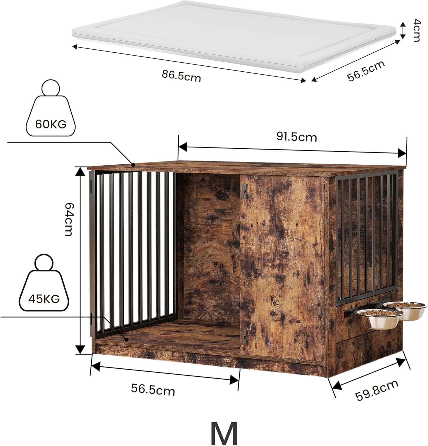 MU:4LIFE Jaula Estilo Mueble para Perro, Puerta de Rotación 270°, 2 Tazones de Giratorios 360° y Cojín de Doble Cara. Casa de Perro de Uso Interior y Alta Resistencia (Atigrado, Mediano)