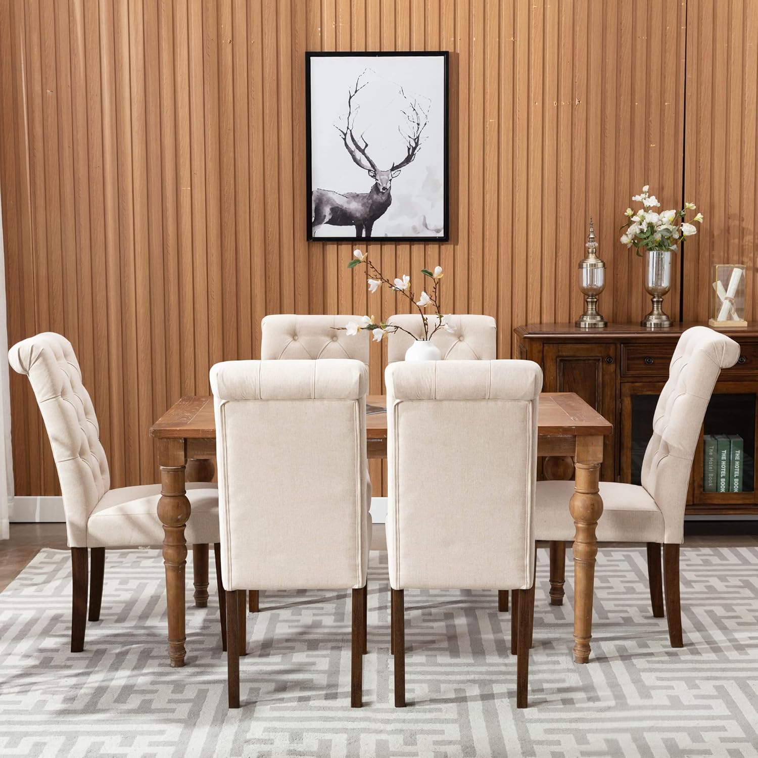 COLAMY - Juego de 6 sillas de Comedor con Botones y tapizadas, con Patas de Madera Maciza y Asiento Acolchado para Comedor, Cocina, Color Gris