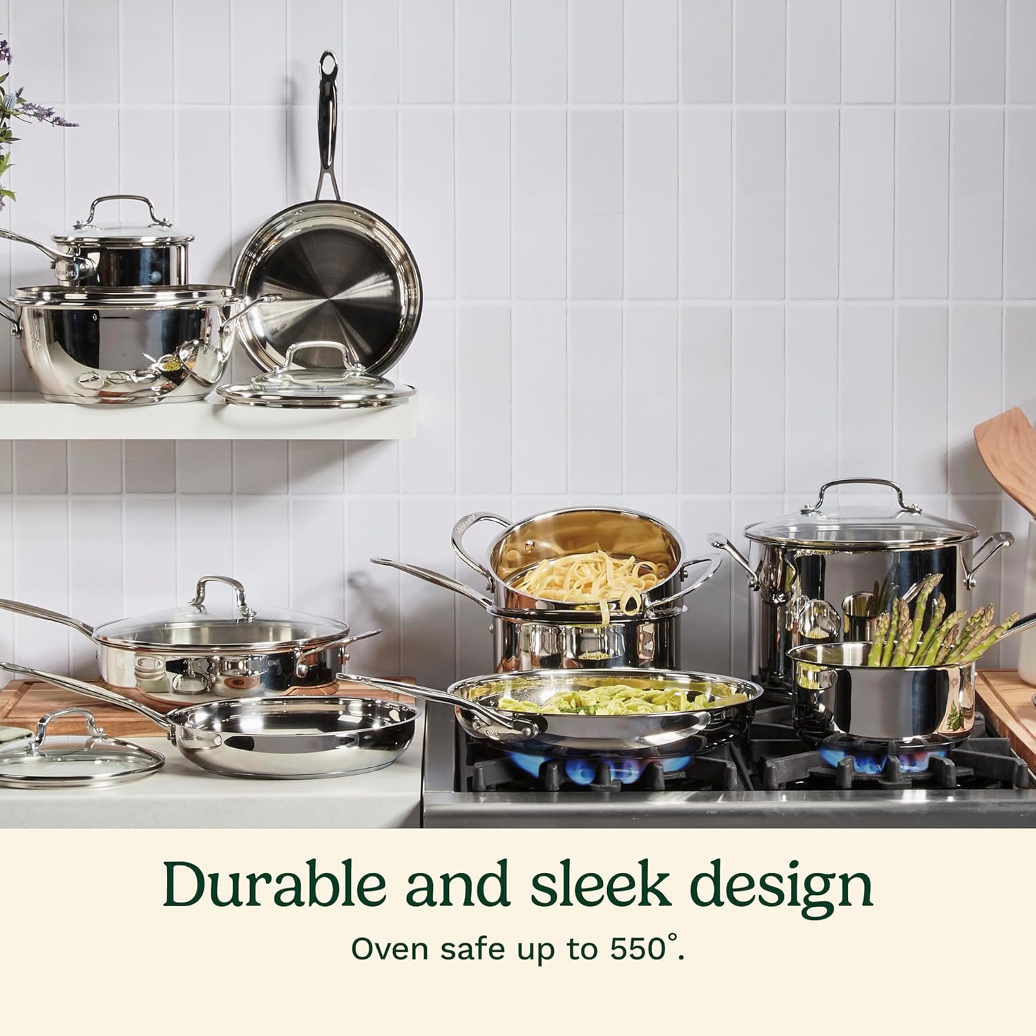 Batería de Cocina Cuisinart de Acero Inoxidable con Base de Aluminio y Tapas de Vidrio, 11, 14 o 17 Piezas