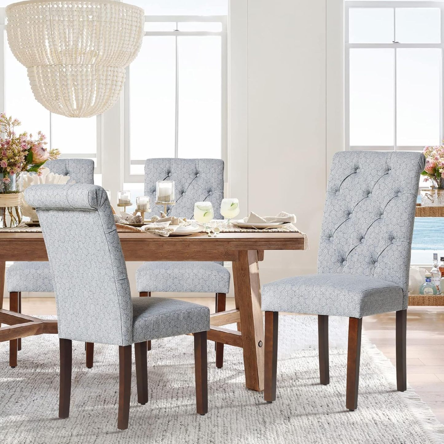COLAMY - Juego de 6 sillas de Comedor con Botones y tapizadas, con Patas de Madera Maciza y Asiento Acolchado para Comedor, Cocina, Color Gris