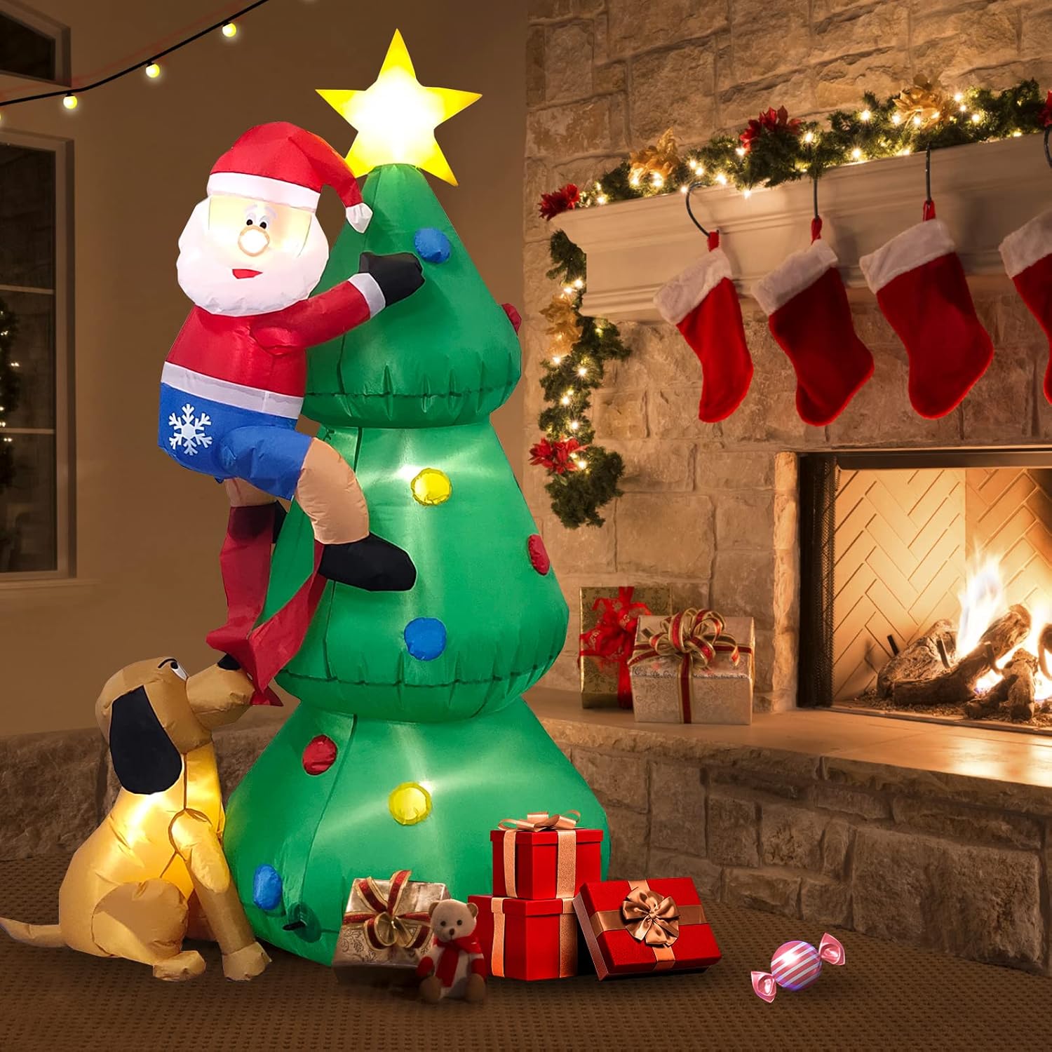 Danxilu 1.83M Arbol de Navidad Inflable con Papá Noel Perro Decoraciones al Aire Libre, Inflables Navidad Arbol Santa Claus para el Patio Inflables Navideños Decoración Iluminada con Leds