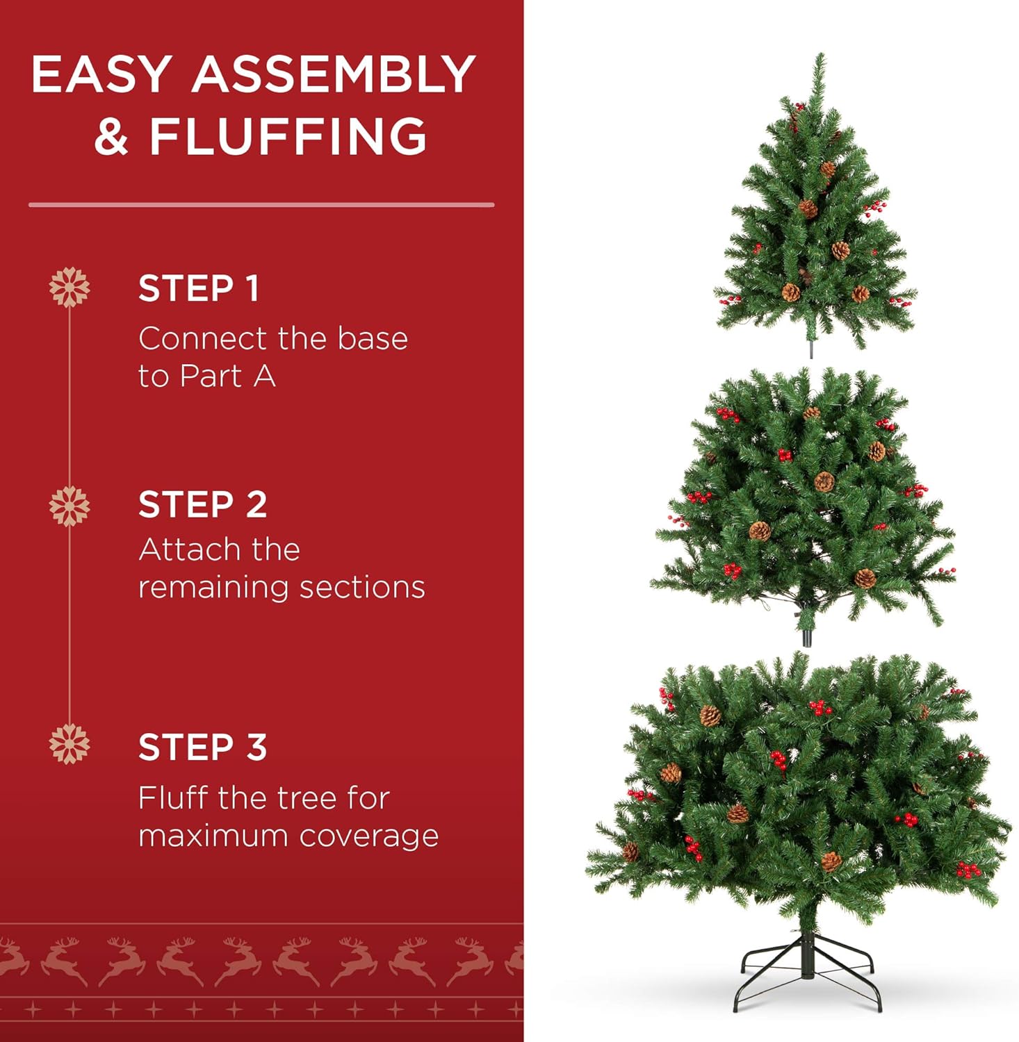 Best Choice Products - Árbol de Navidad artificial preiluminado de 6 pies predecorado con bisagras, con 798 puntas, piñas, bayas, 250 luces, base de metal