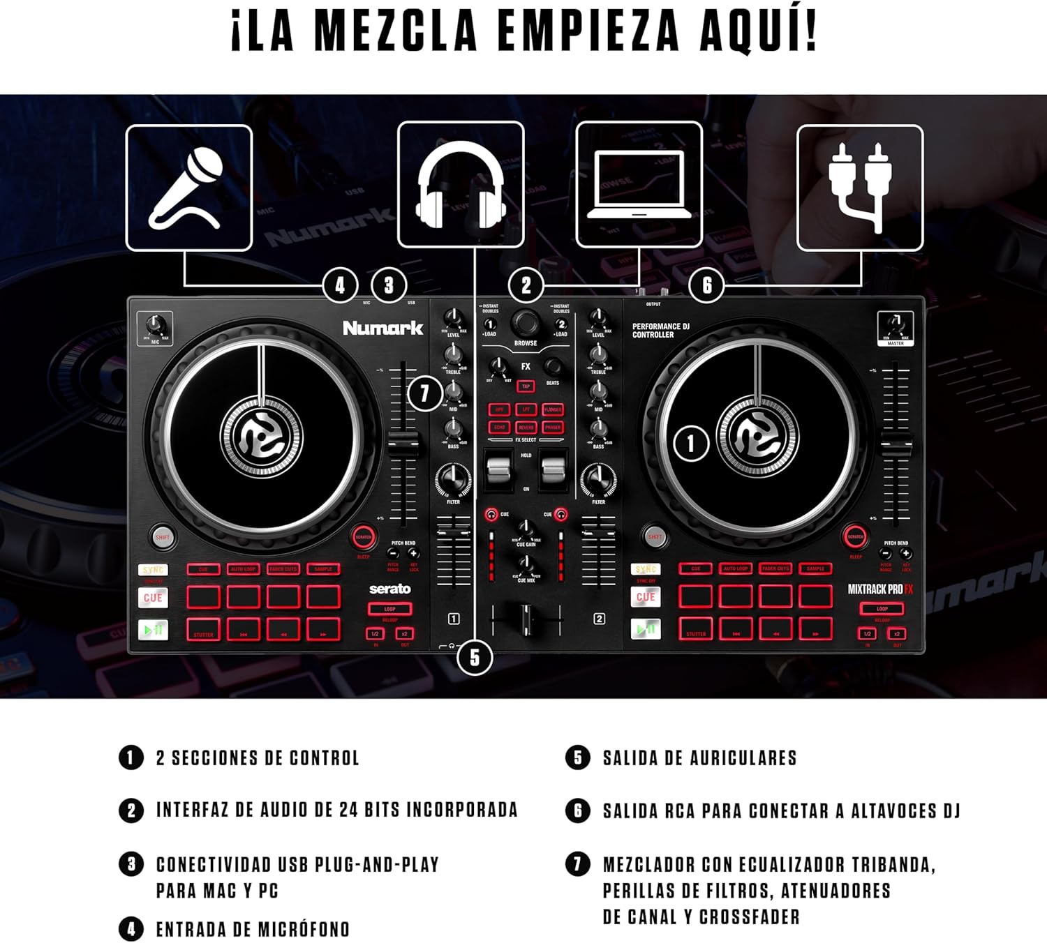 Numark Mixtrack Platinum FX Controlador DJ Para Serato DJ Con Control de 4 Secciones, Mezclador DJ, Interfaz de Audio Incorporada, Pantallas en Las Ruedas de Selección y Paletas de Efectos