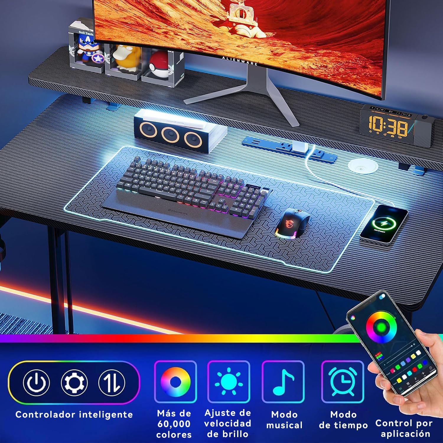 🎧SAFONUS Escritorio Gamer RGB 1M con Luces LED, Soporte para Monitor | 🎮Enchufes Integrados, Gancho para Audífonos, Superficie de Fibra de Carbono Impermeable, Mesa para PC Gaming Negra