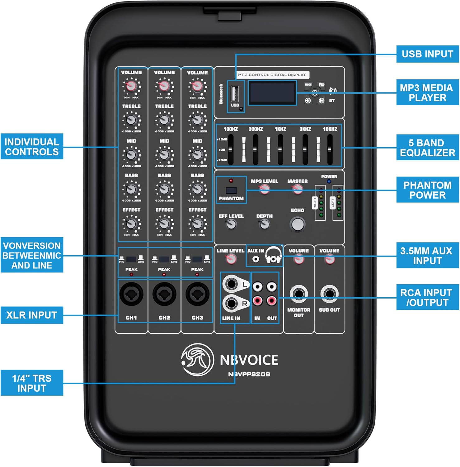 Sistema de PA de 2 vías integrado profesional portátil todo en uno, configuración fija, diseño de veliz con mezclador de 8 canales, 2 soportes de altavoces, Bluetooth, micrófono para
