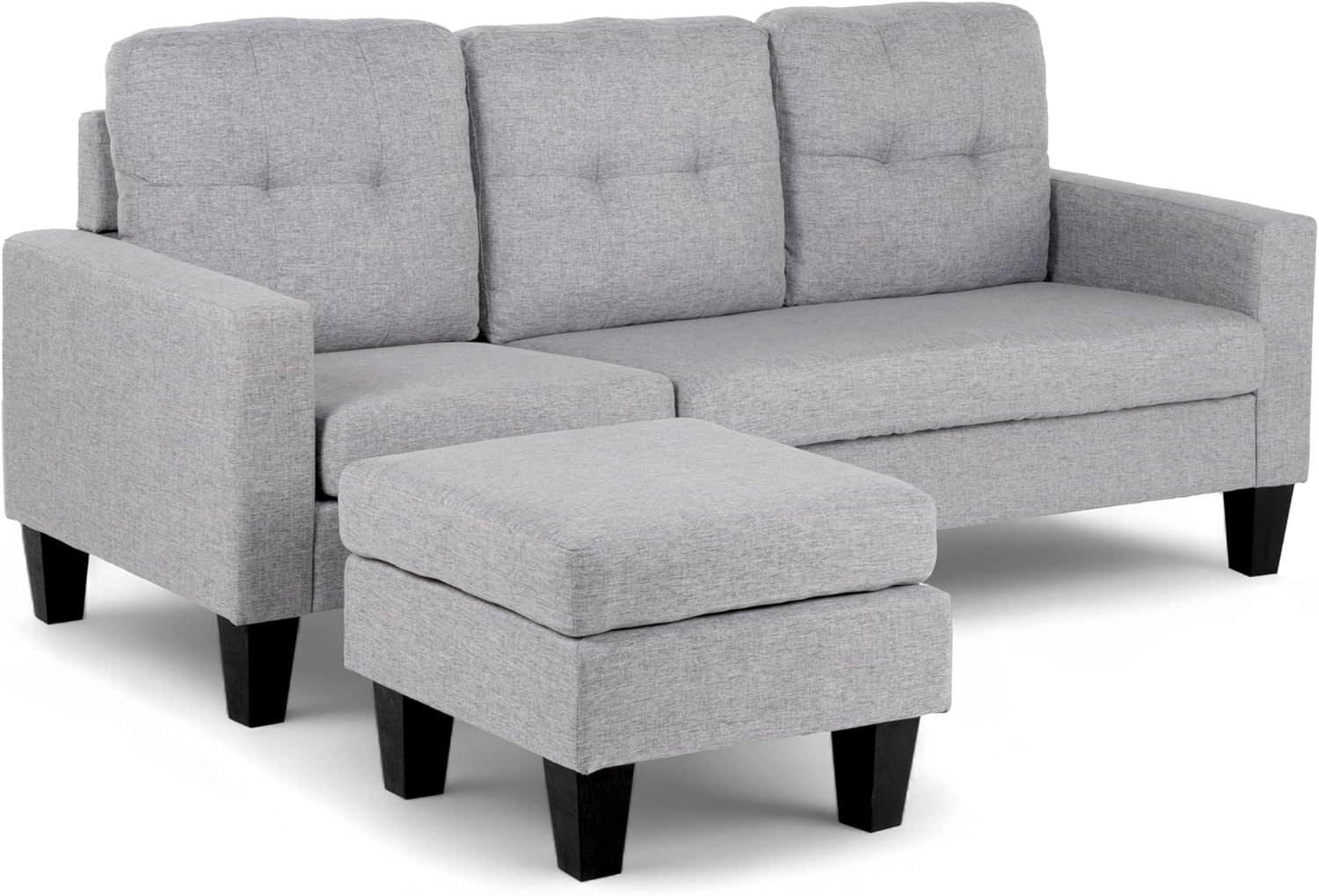Kingshouse Sala Esquinera en L de Madera de Alta Calidad y Durabilidad, con Taburete y Diseño Reversible, Moderna Ideal para Espacios Pequeños, Tapizado Tipo Lino y Cojines Removibles