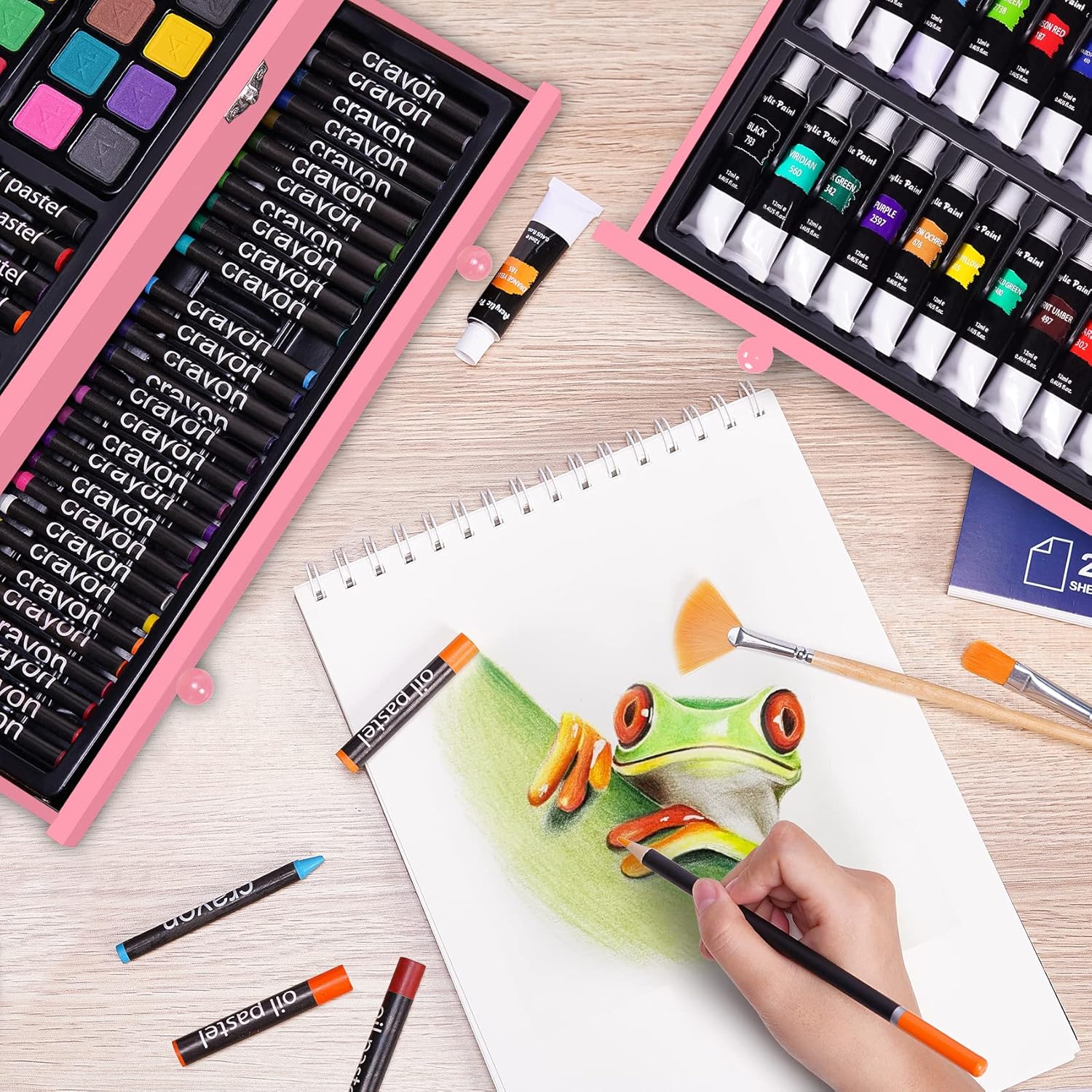 Juego de arte de lujo de 175 piezas con 2 almohadillas para orejas de dibujo, pinturas acrílicas, lápices de colores, juego de pintura en caja de madera, kit de arte profesional, suministros de arte