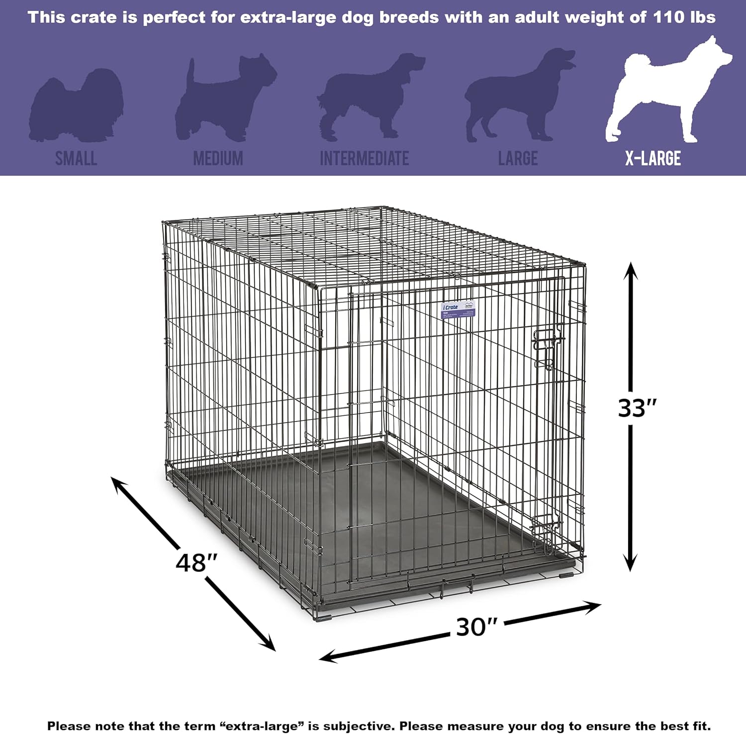 MidWest Homes for Pets - Jaula para perros XL | Jaula para perros MidWest iCrate de metal plegable con doble puerta con panel divisor, protege los pies y bandeja para perros a prueba de fugas | 48 pulgadas de largo x 30 de ancho x 33 pulgadas de alto, raz