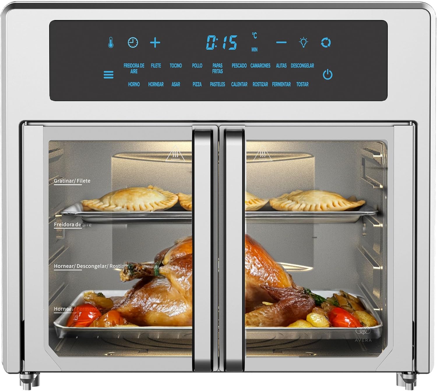 AVERA Freidora de aire y Horno eléctrico con puertas francesas de 25 Litros, tamaño XL, Panel digital con 18 funciones de cocción, Temperatura 30 °C - 200°C, Apagado automático, 7 accesorios | HPF01