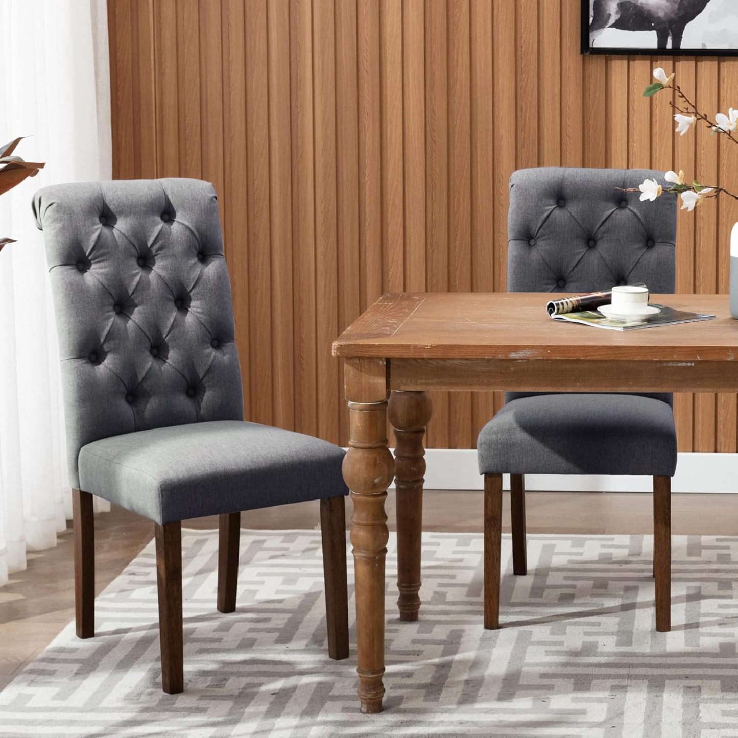 COLAMY - Juego de 6 sillas de Comedor con Botones y tapizadas, con Patas de Madera Maciza y Asiento Acolchado para Comedor, Cocina, Color Gris