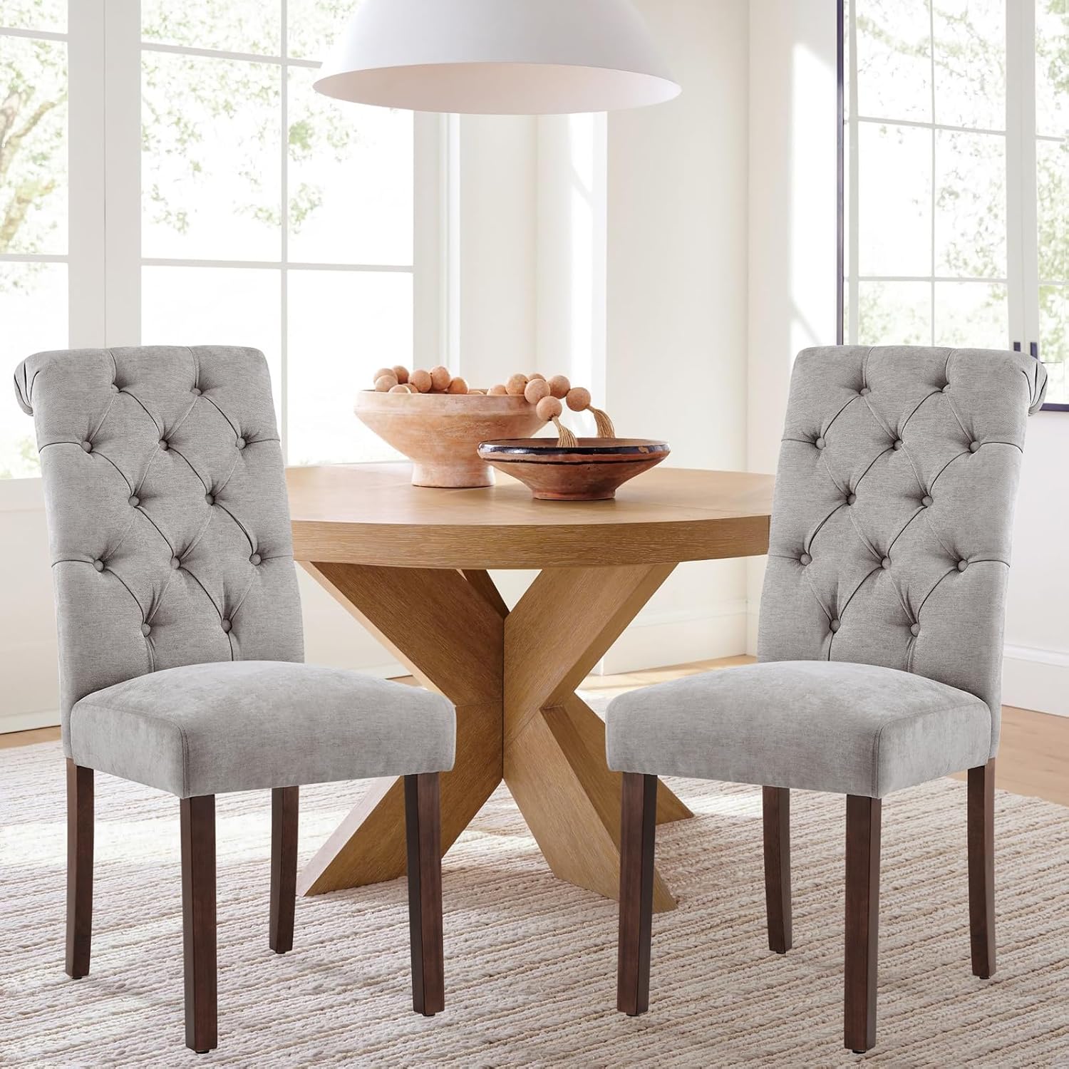 COLAMY - Juego de 6 sillas de Comedor con Botones y tapizadas, con Patas de Madera Maciza y Asiento Acolchado para Comedor, Cocina, Color Gris