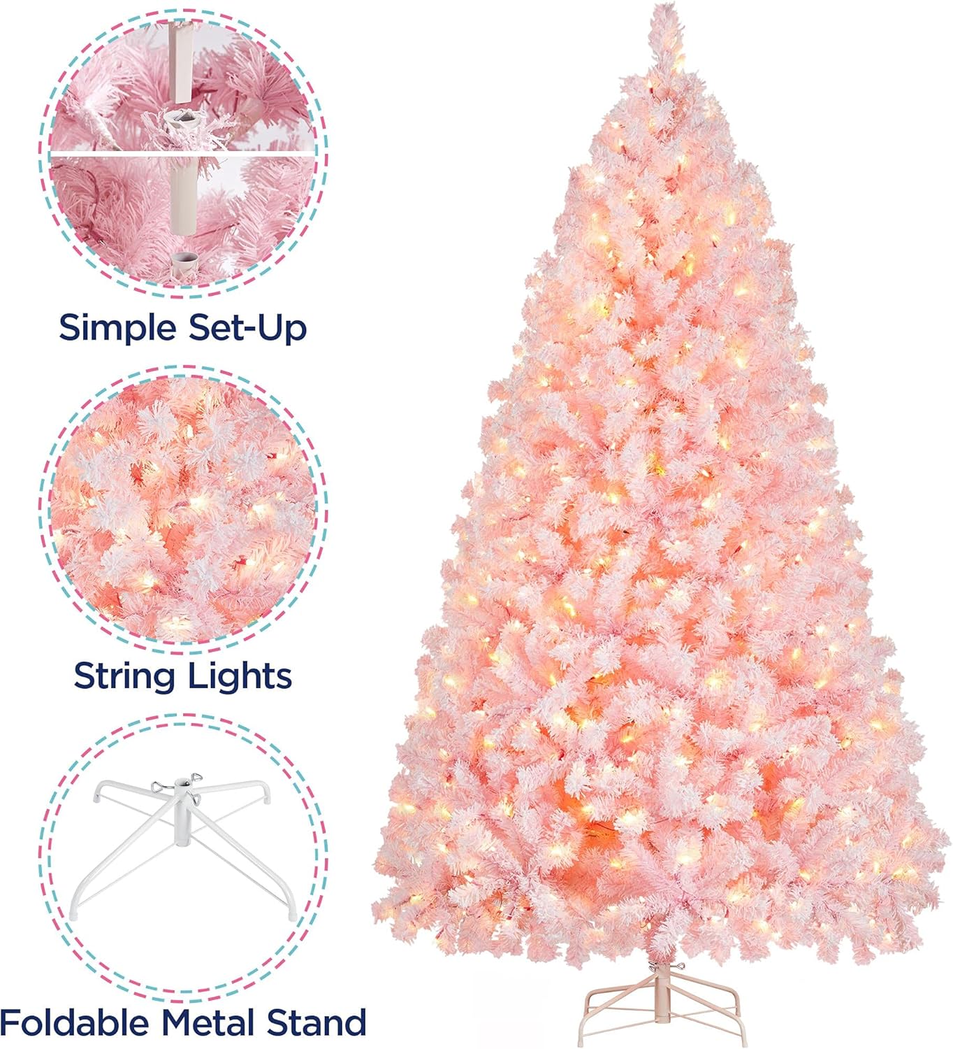 Yaheetech Árbol de Navidad artificial preiluminado de 6 pies con luces incandescentes blancas cálidas, árbol de Navidad con 820 puntas de rama, 250 luces incandescentes y soporte plegable, color rosa
