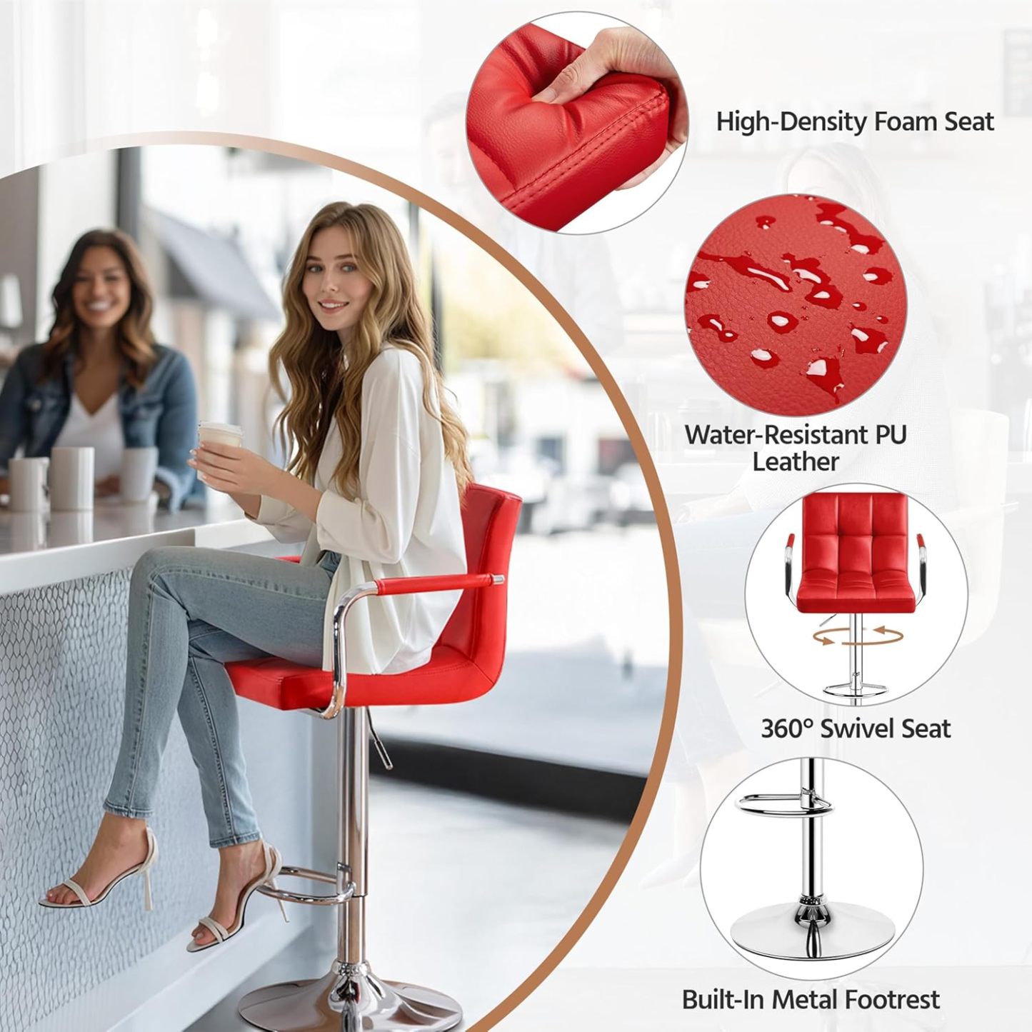 Juego de 2 taburetes de Bar giratorios Ajustables de Piel sintética, sillas hidráulicas de Barra con reposabrazos y Respaldo para Bar, Cocina, Comedor, Color Blanco